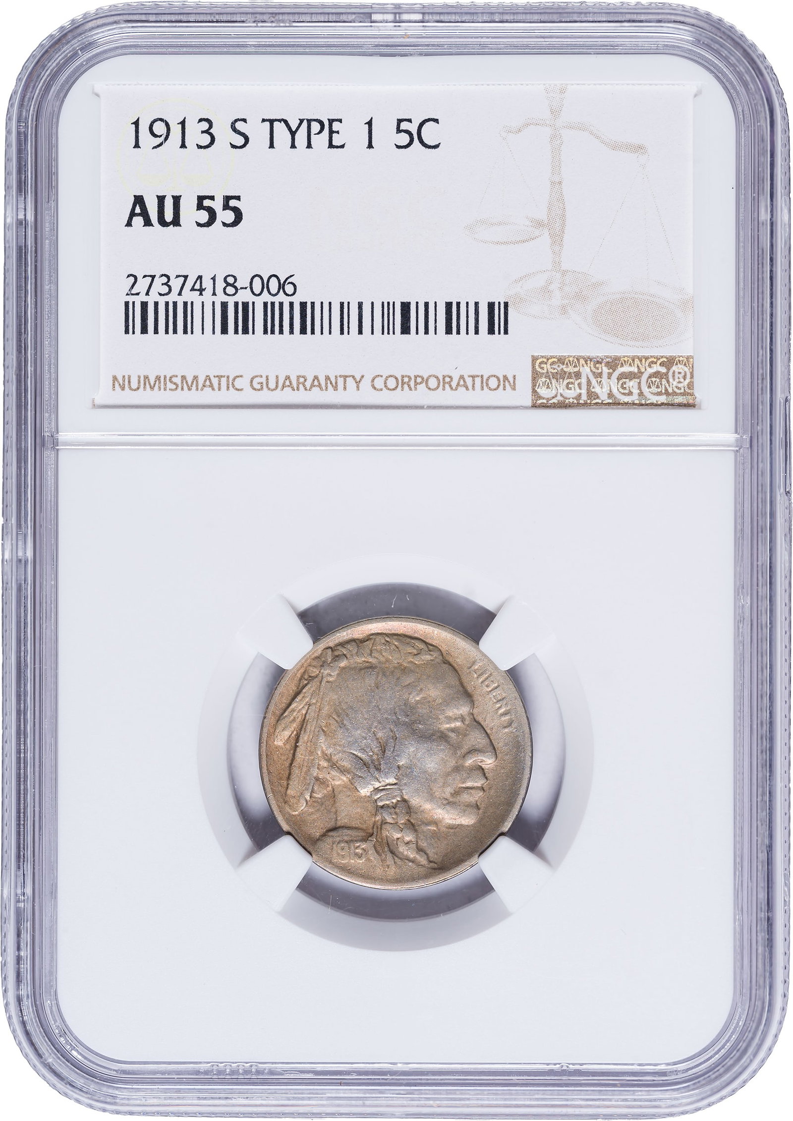 NGC AU-55 1913-S Type I Buffalo Nickel: Satiny silver-gray with a sheen of lively golden-orange toning throughout.