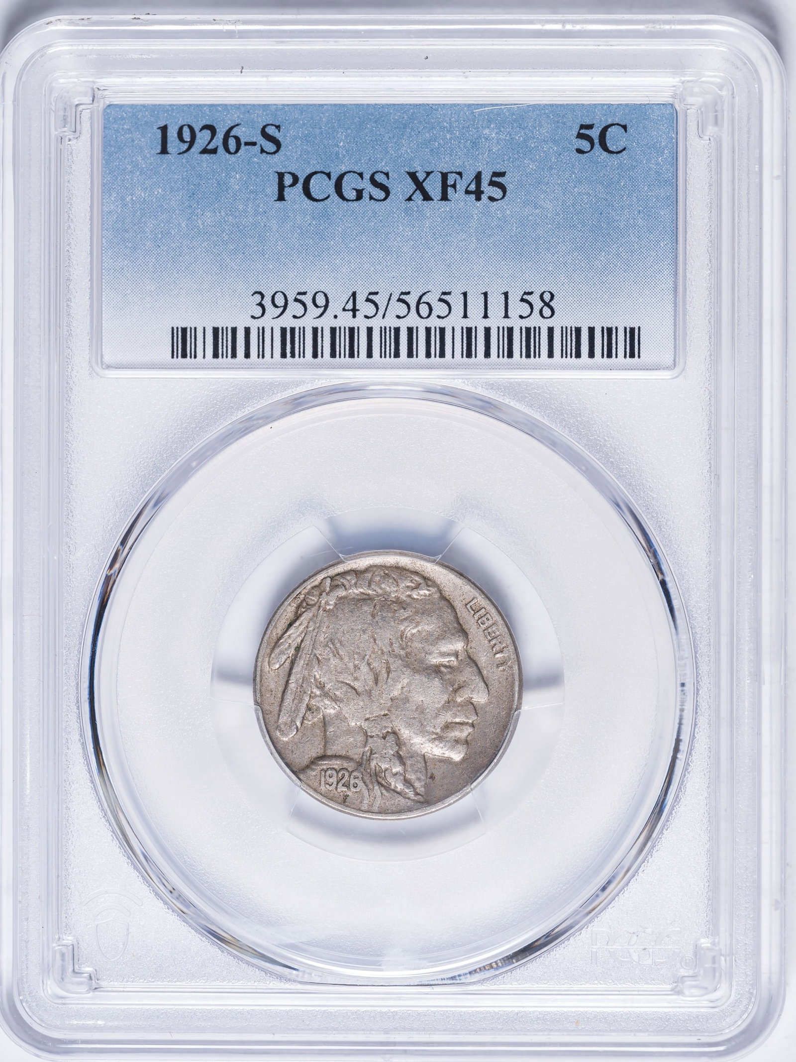 PCGS EF-45 1926-S Buffalo Nickel: Silver-gray with some retained luster in the deepest design areas.