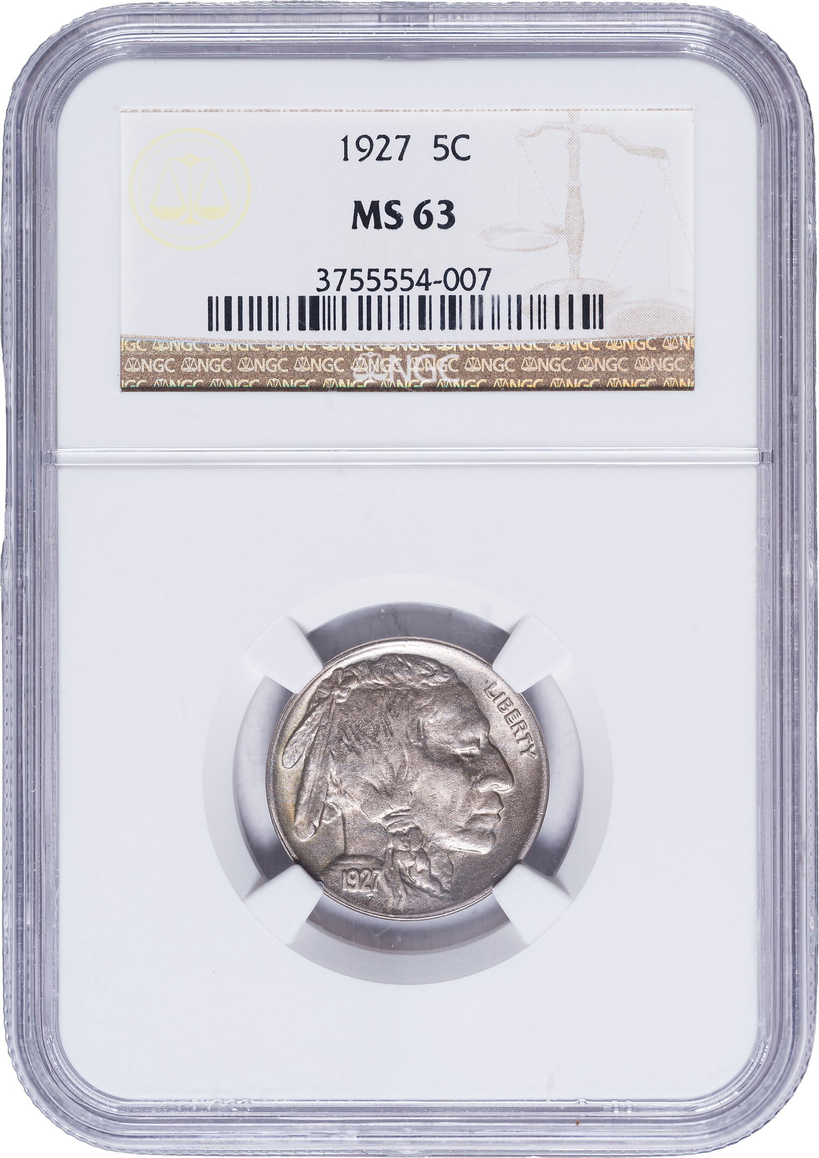 NGC MS-63 1927 Buffalo Nickel: Lustrous silver-gray with boldly presented design features.