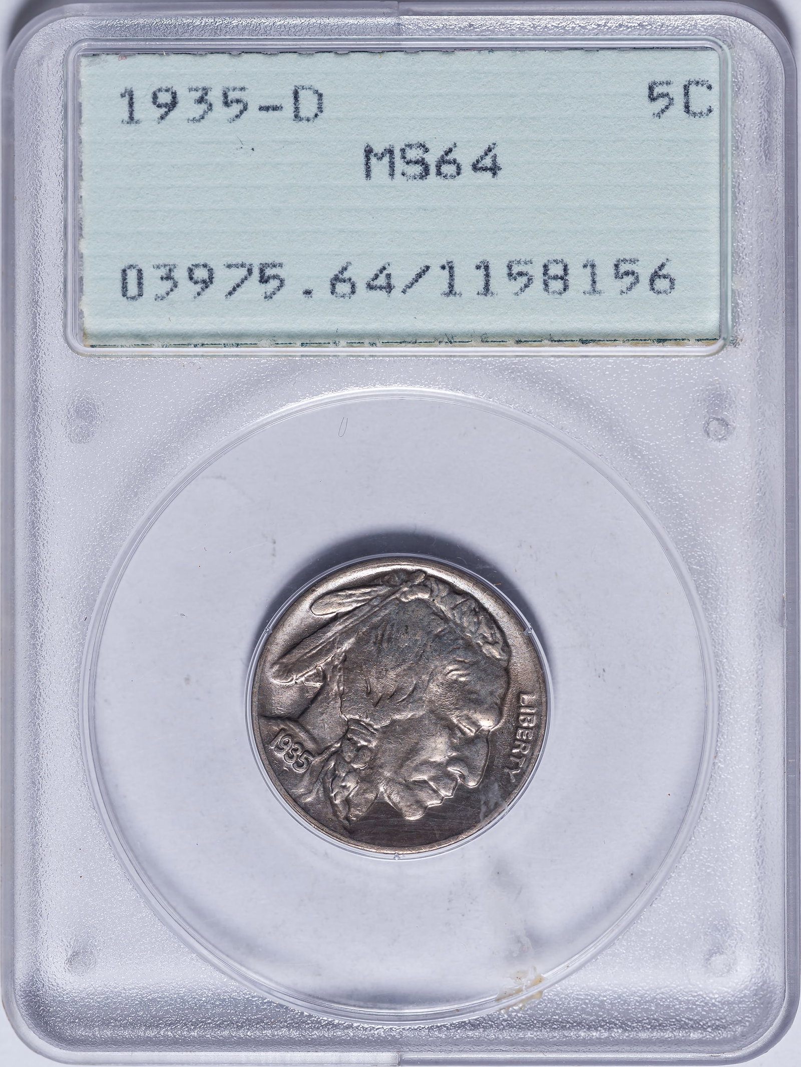 PCGS MS-64 1935-D Buffalo Nickel: Lustrous silver-gray surfaces. In an old-style green label PCGS "Rattler" holder.