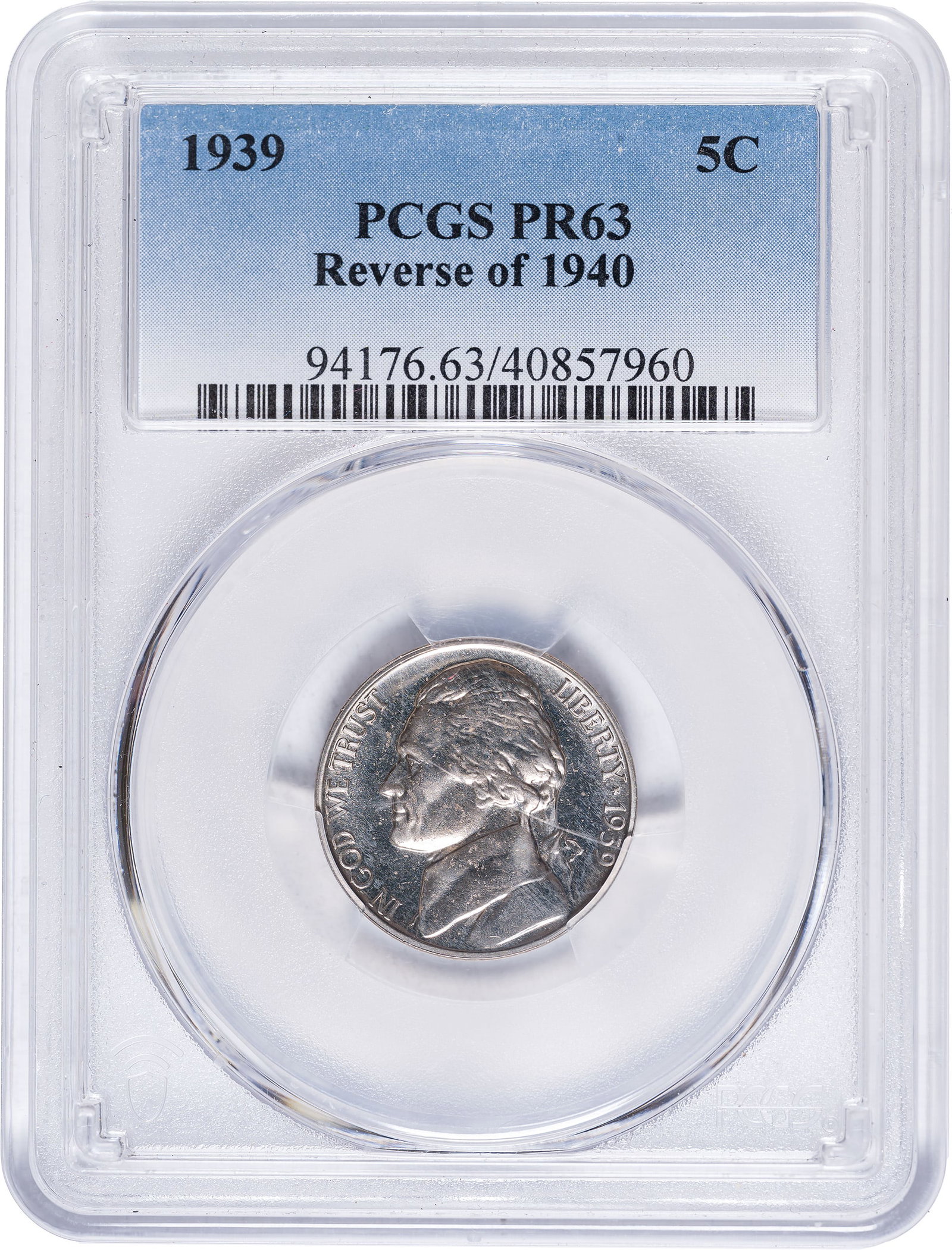 PCGS Proof-63 1939 Jefferson Nickel: Reverse of 1940. A bright and reflective example of a popular Jefferson nickel variety.