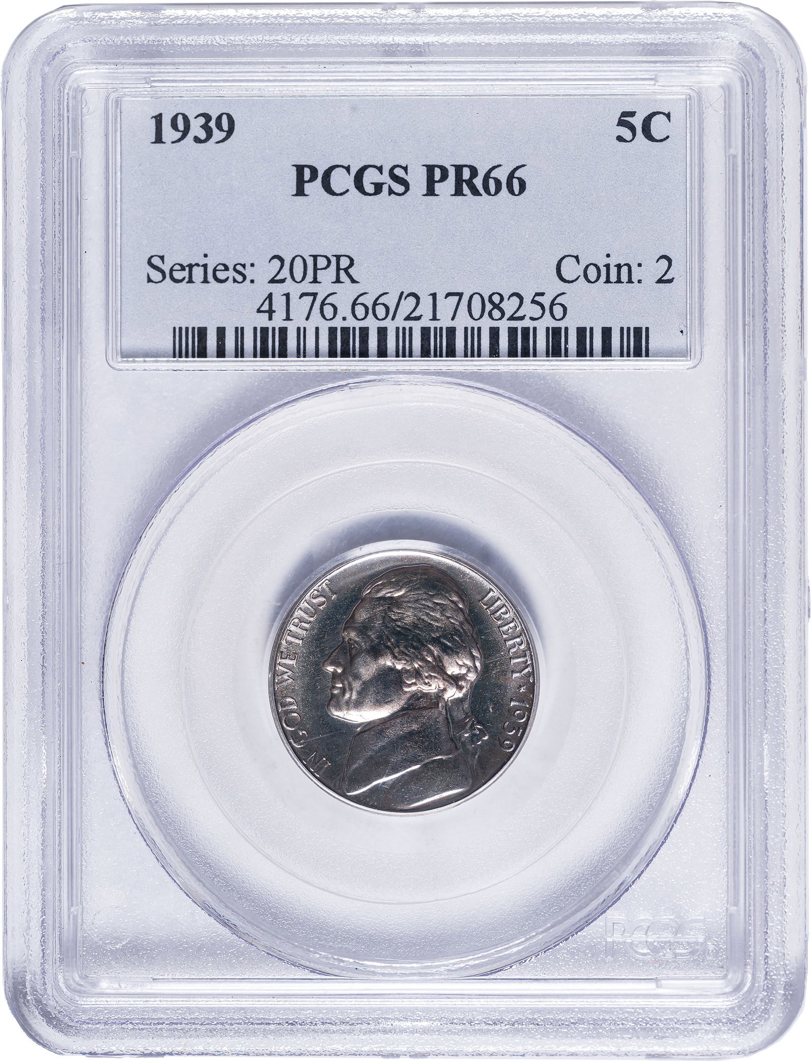 PCGS Proof-66 1939 Jefferson Nickel: Bright and lustrous with a whisper of pale blue iridescence.