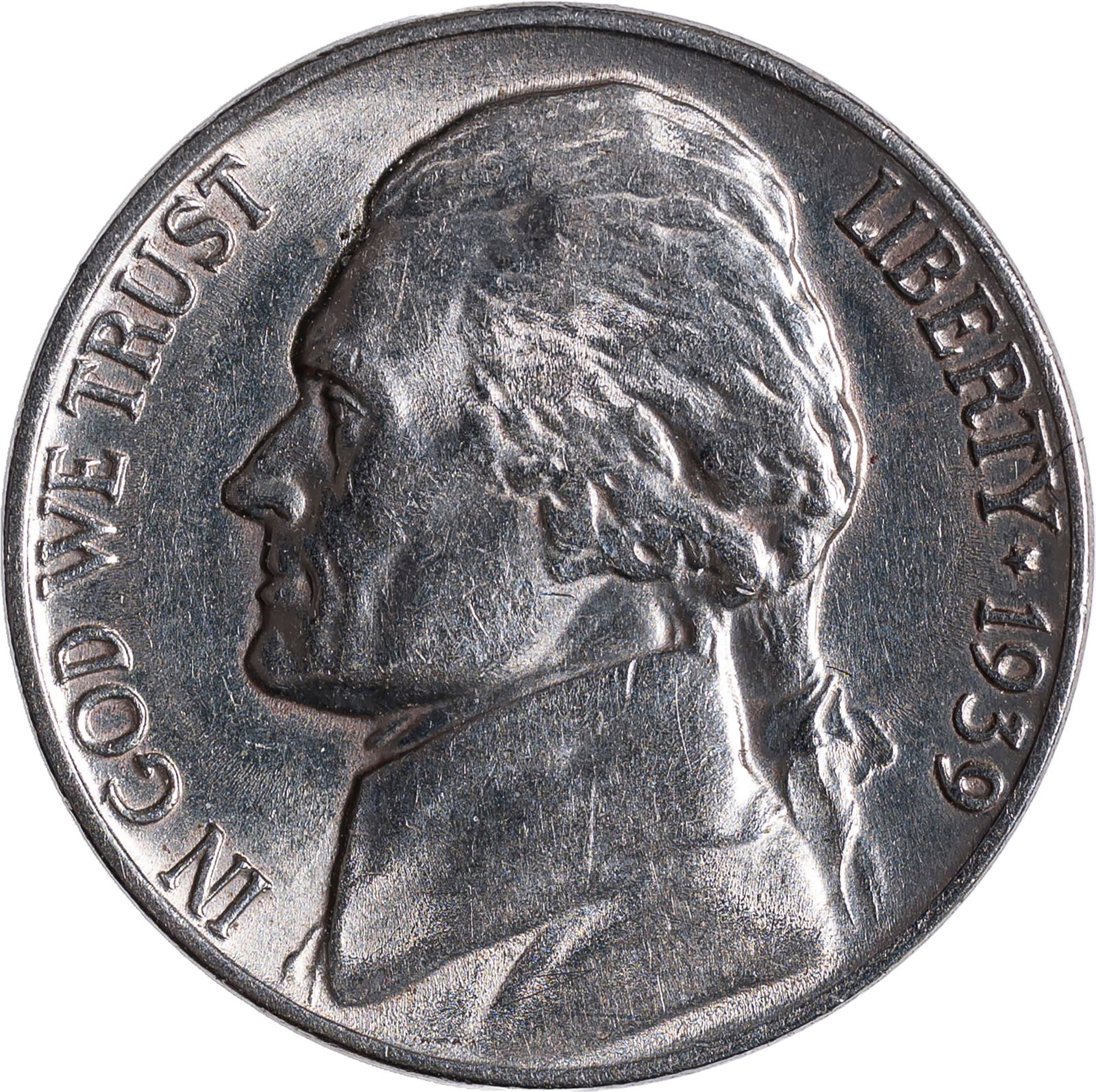 MS-60 1939 Doubled Die Reverse Jefferson Nickel: Brilliant and lustrous. Bold doubling at MONTICELLO and FIVE CENTS. An elusive issue in any grade.