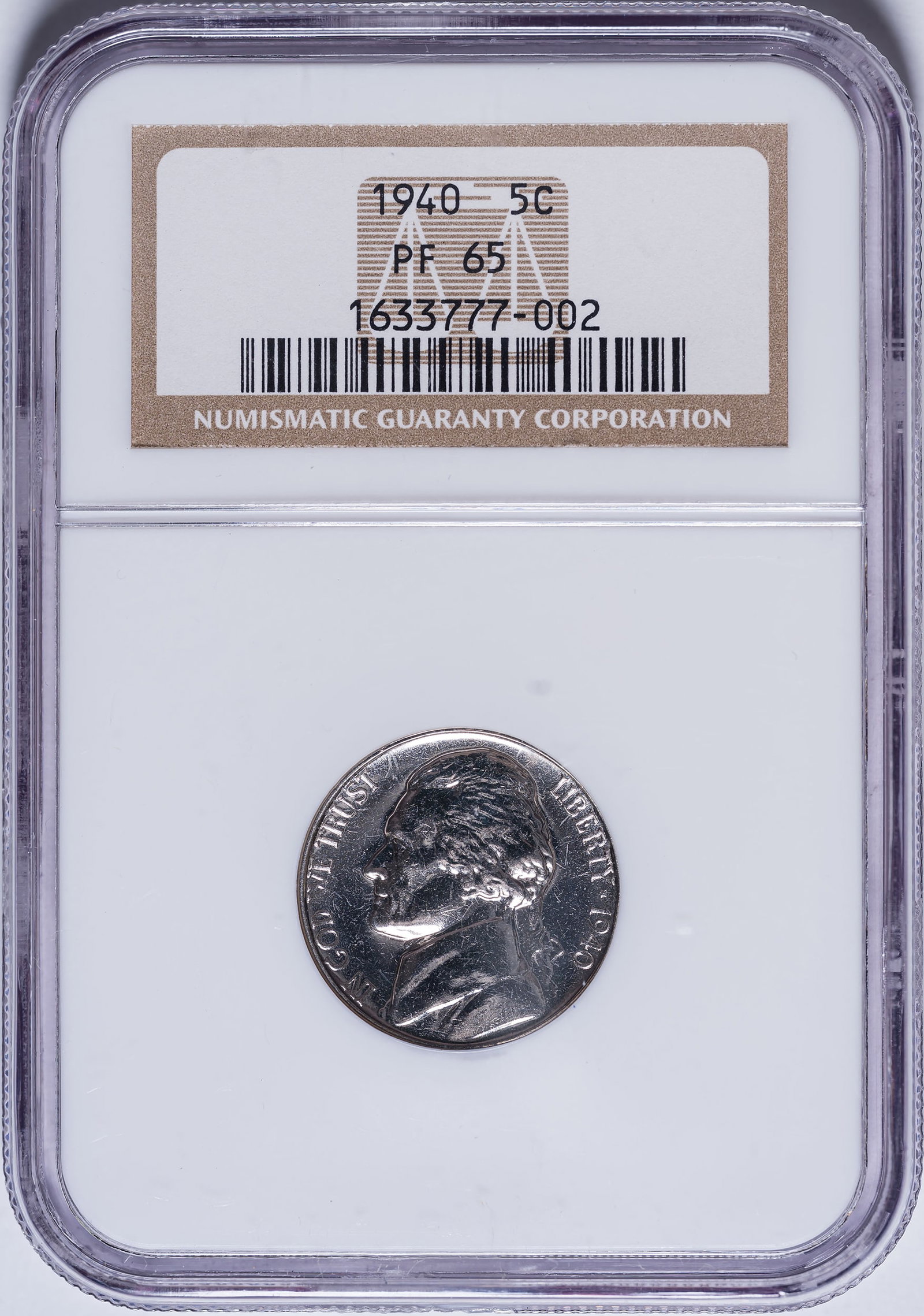 NGC Proof-65 1940 Jefferson Nickel: Boldly lustrous and reflective surfaces.