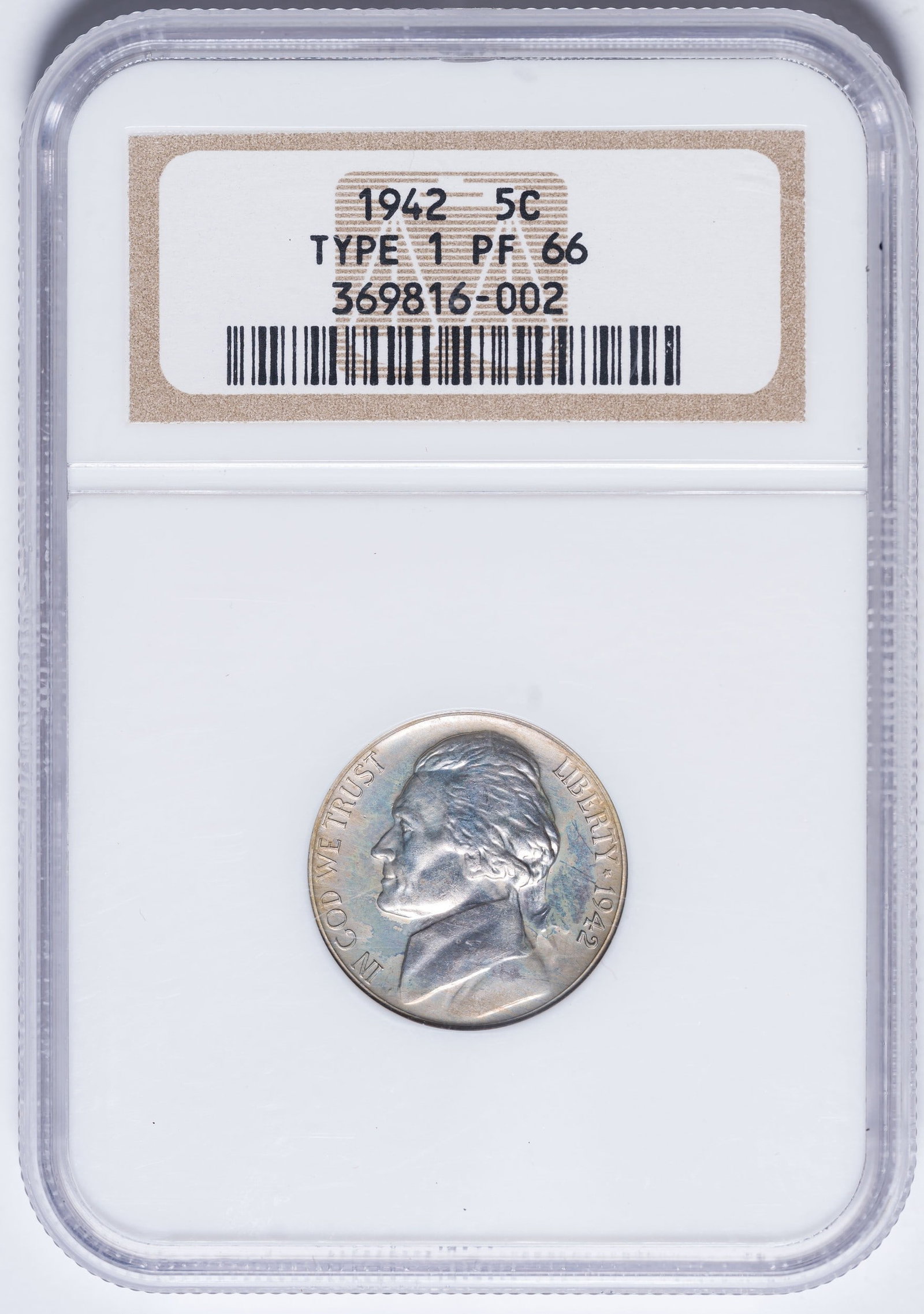 NGC Proof-66 Type 1 1942 Nickel: Lustrous and reflective with varied pale pastel colors in play on both sides.