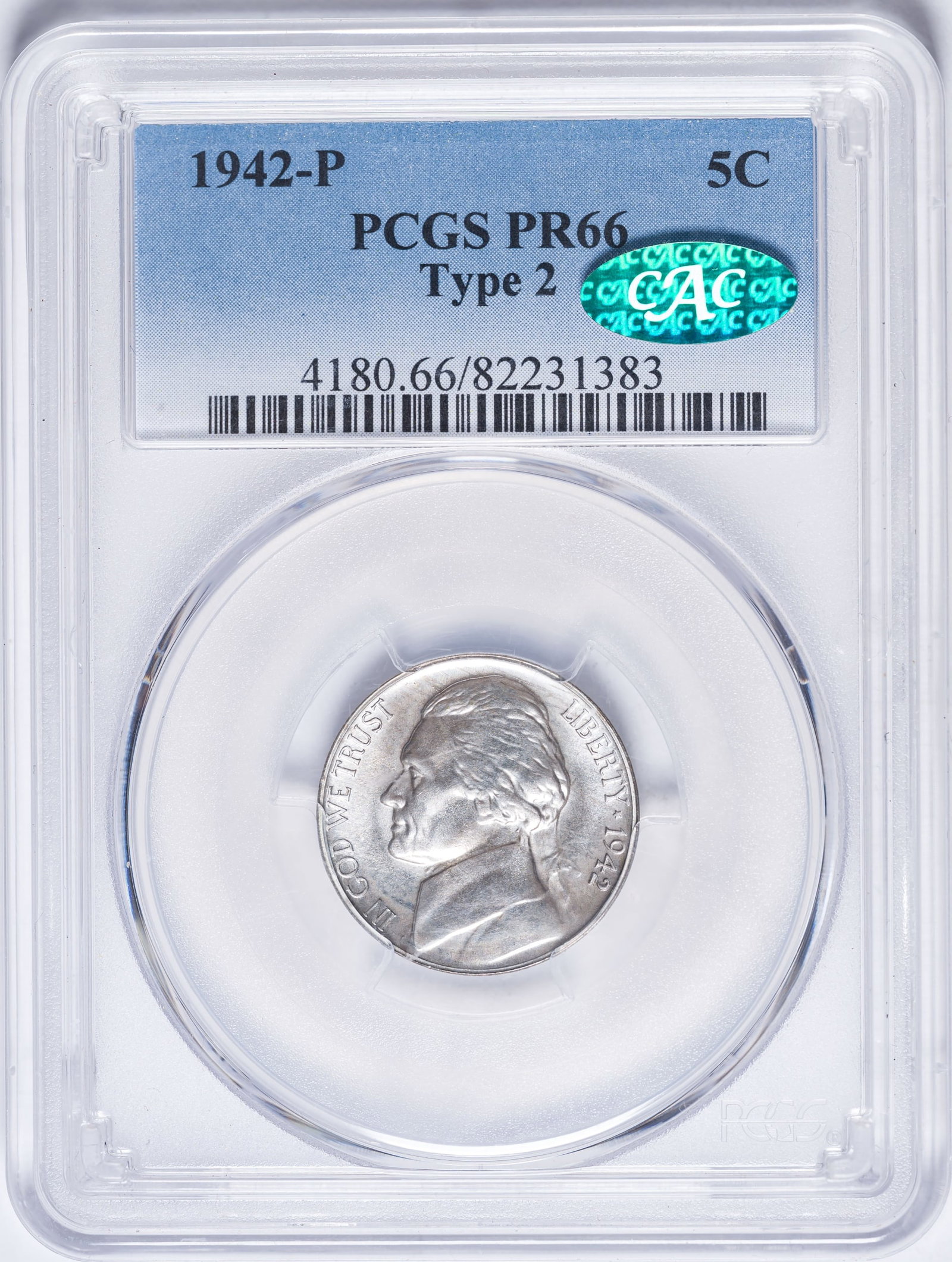 PCGS Proof-66 CAC Type 2 1942-P War Nickel: A satiny pale champagne-gold specimen of the 35% silver issues of 1942-1945.