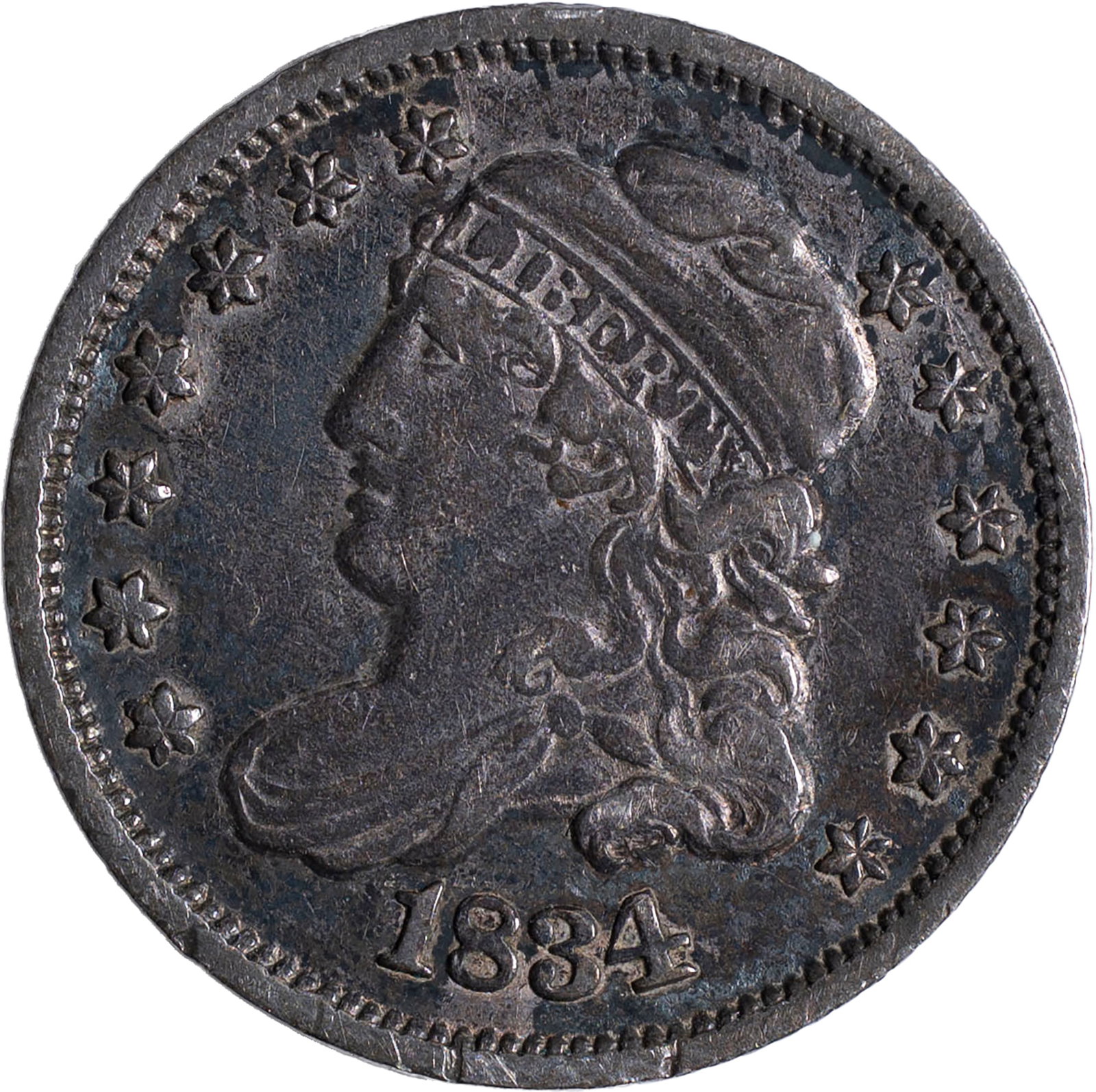 Choice VF-35 1834 Capped Bust Half Dime: Essentially mark-free original deep silver-gray surfaces. This could "40" on any given day at the third-party services.