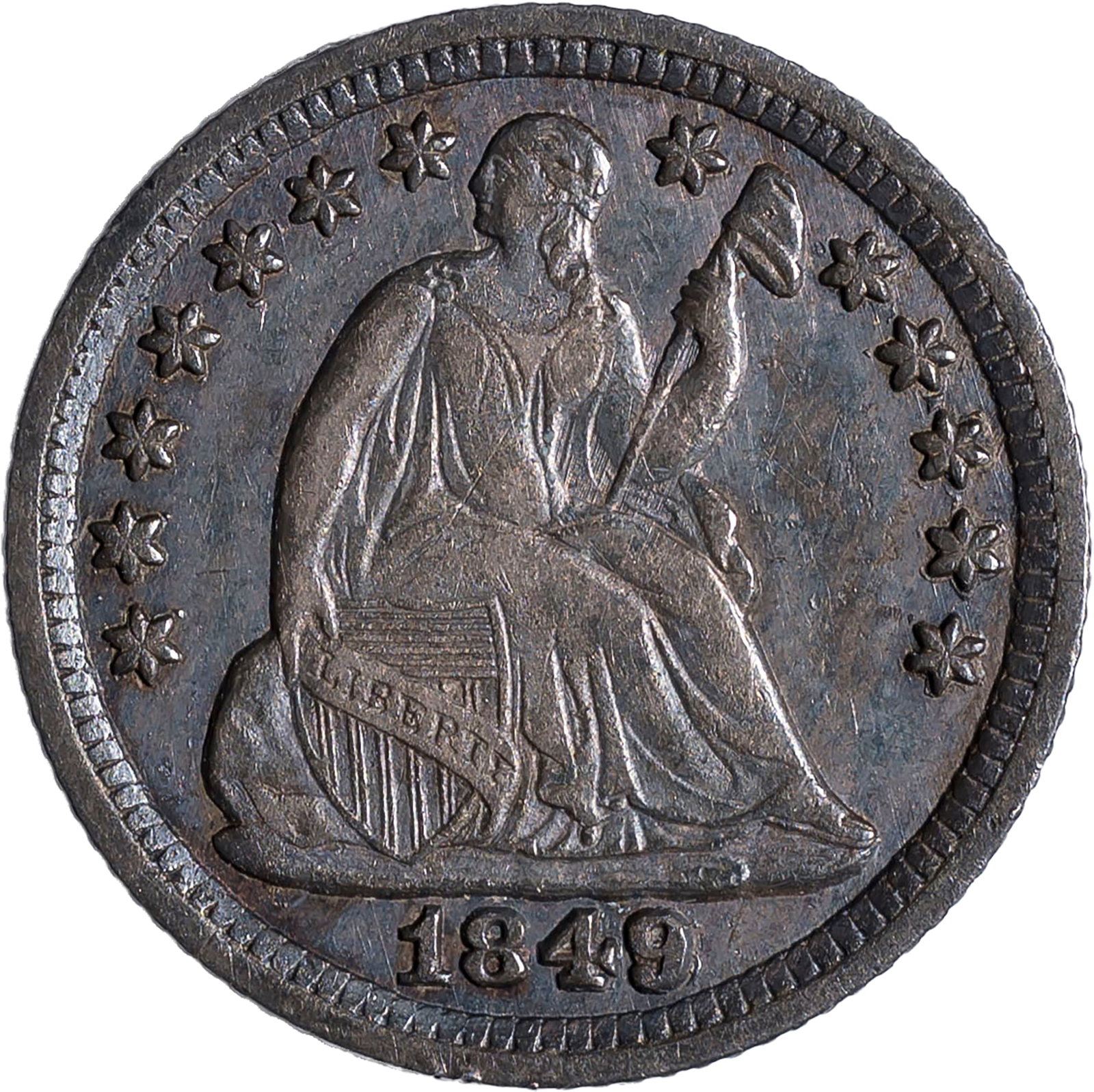 EF-45 1849/6 Half Dime: Medium steel-gray surfaces offer pale blue iridescence throughout. Evenly circulated and not notably marked.