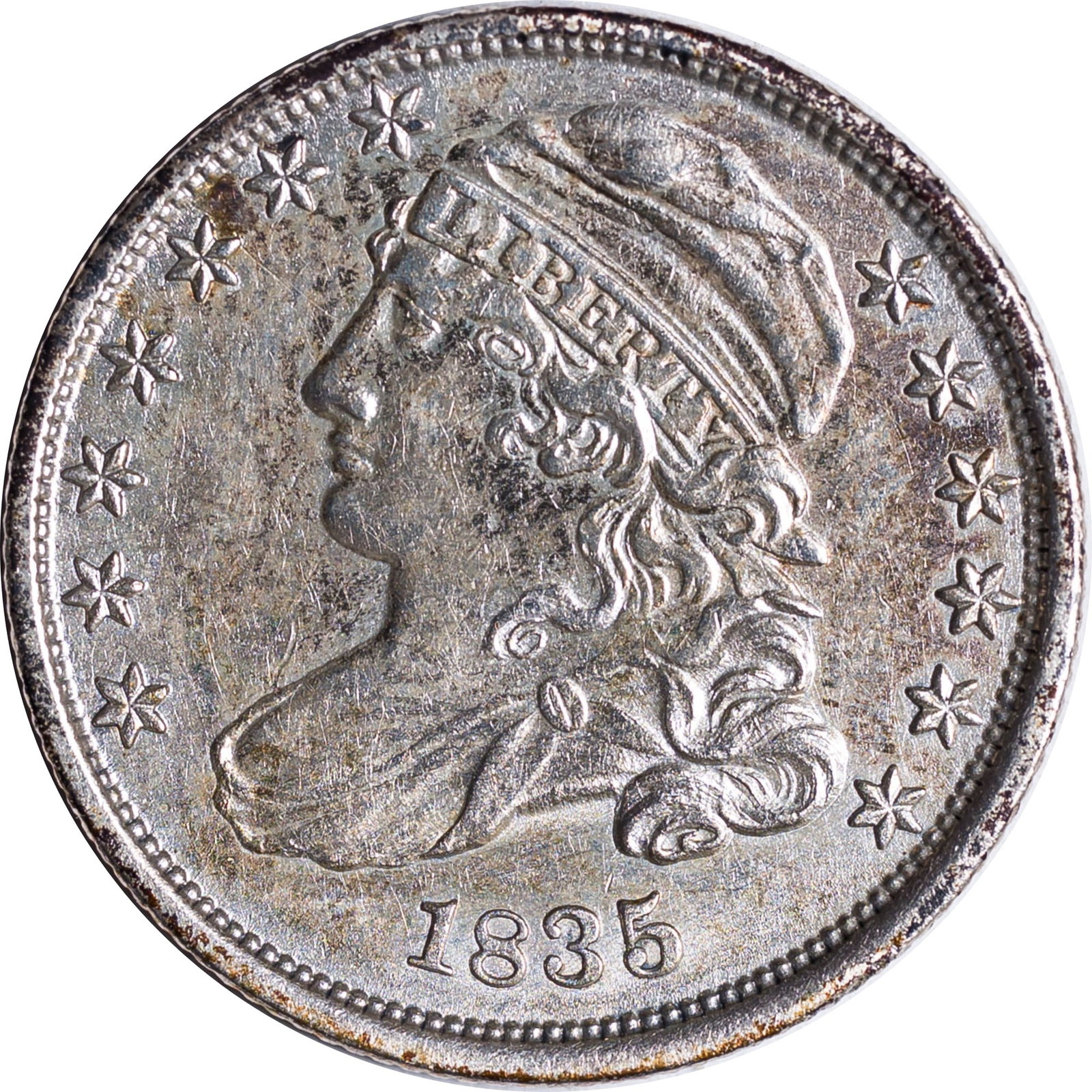 AU+ Details 1835 Capped Bust Dime: Cleaned long ago, but now naturally regaining golden toning highlights. Essentially mark-free.