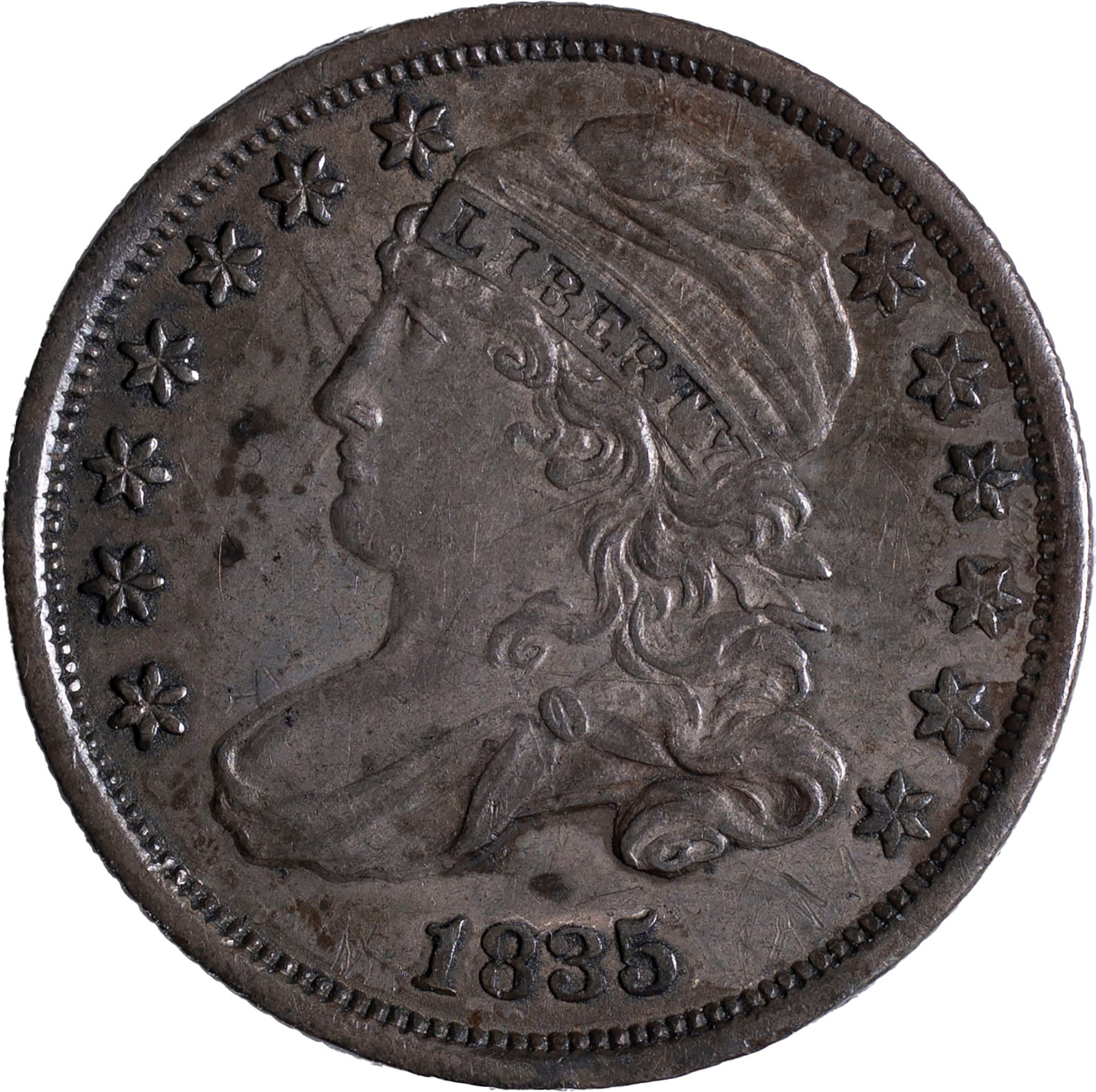 AU-50 1835 Capped Bust Dime: Sharp and visually appealing, with strictly original steel-gray surfaces, and with traces of underlying luster in the protected areas.