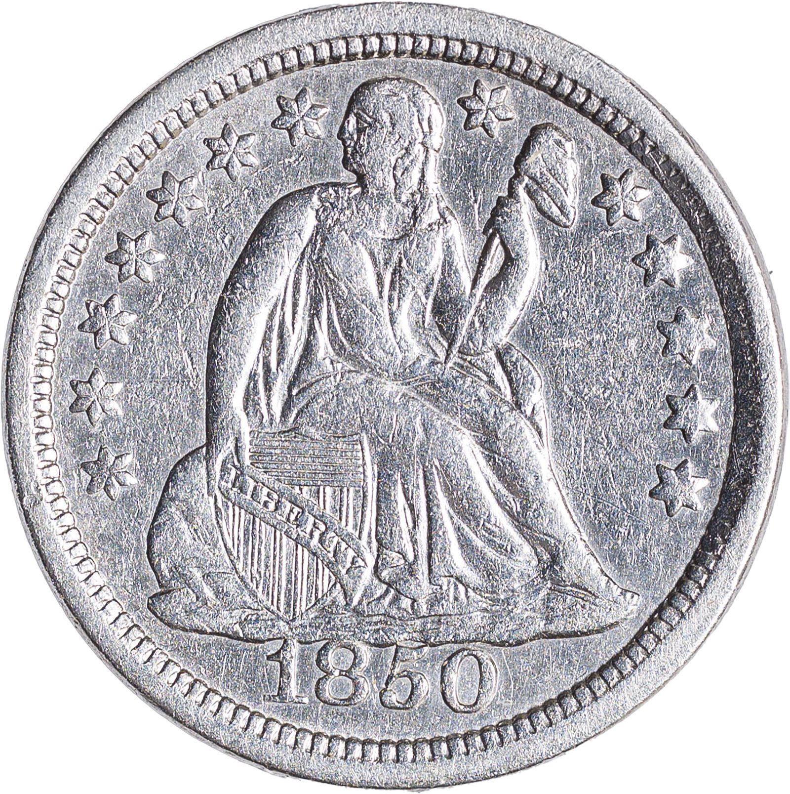 AU-50 Details 1850 Seated Dime: Cleaned or dipped long ago, not harshly done, and not overly detrimental to the appearance.