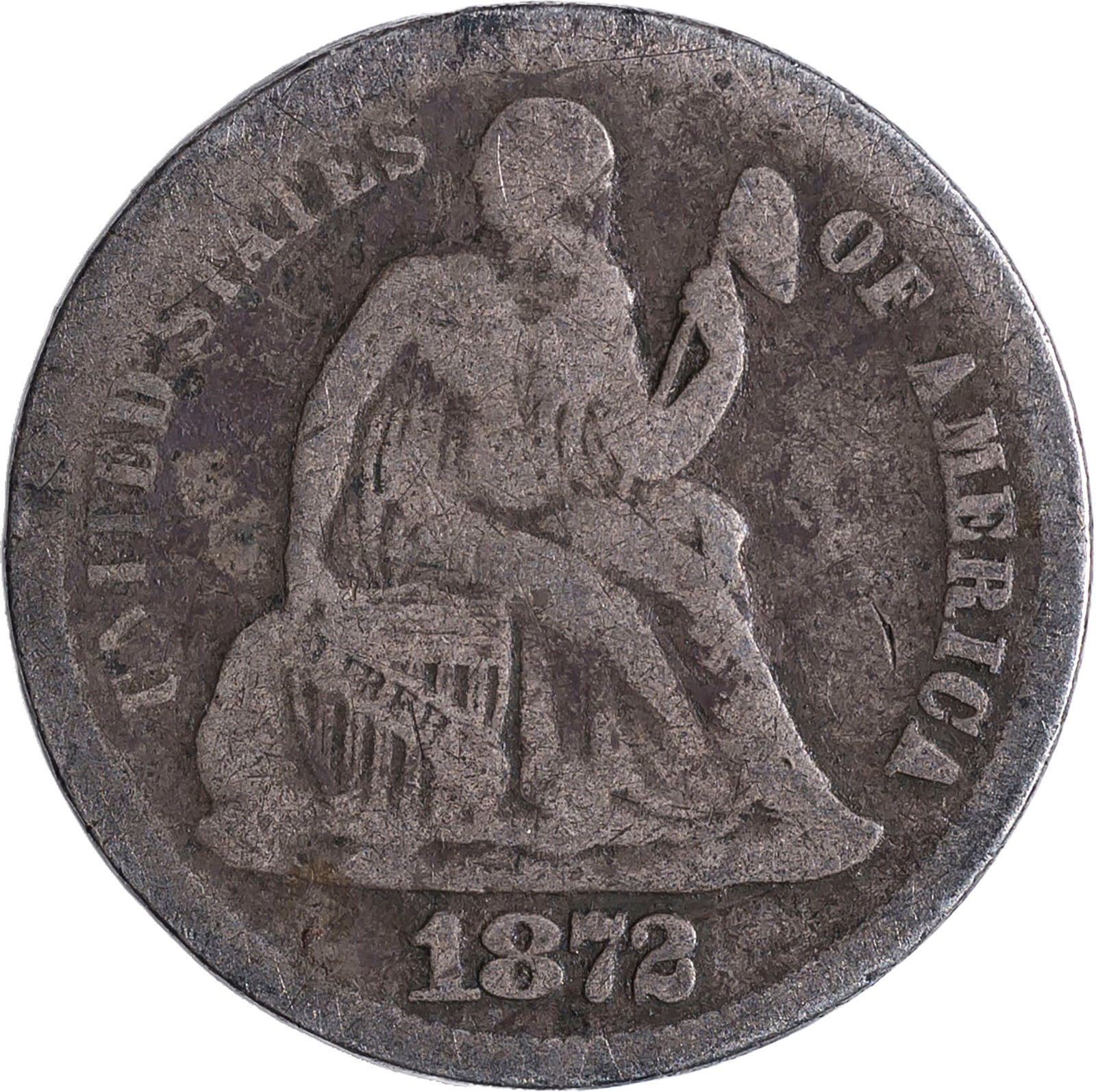 Good to VG 1872-S Liberty Seated Dime: Evenly worn but not overly marked steel-gray surfaces.