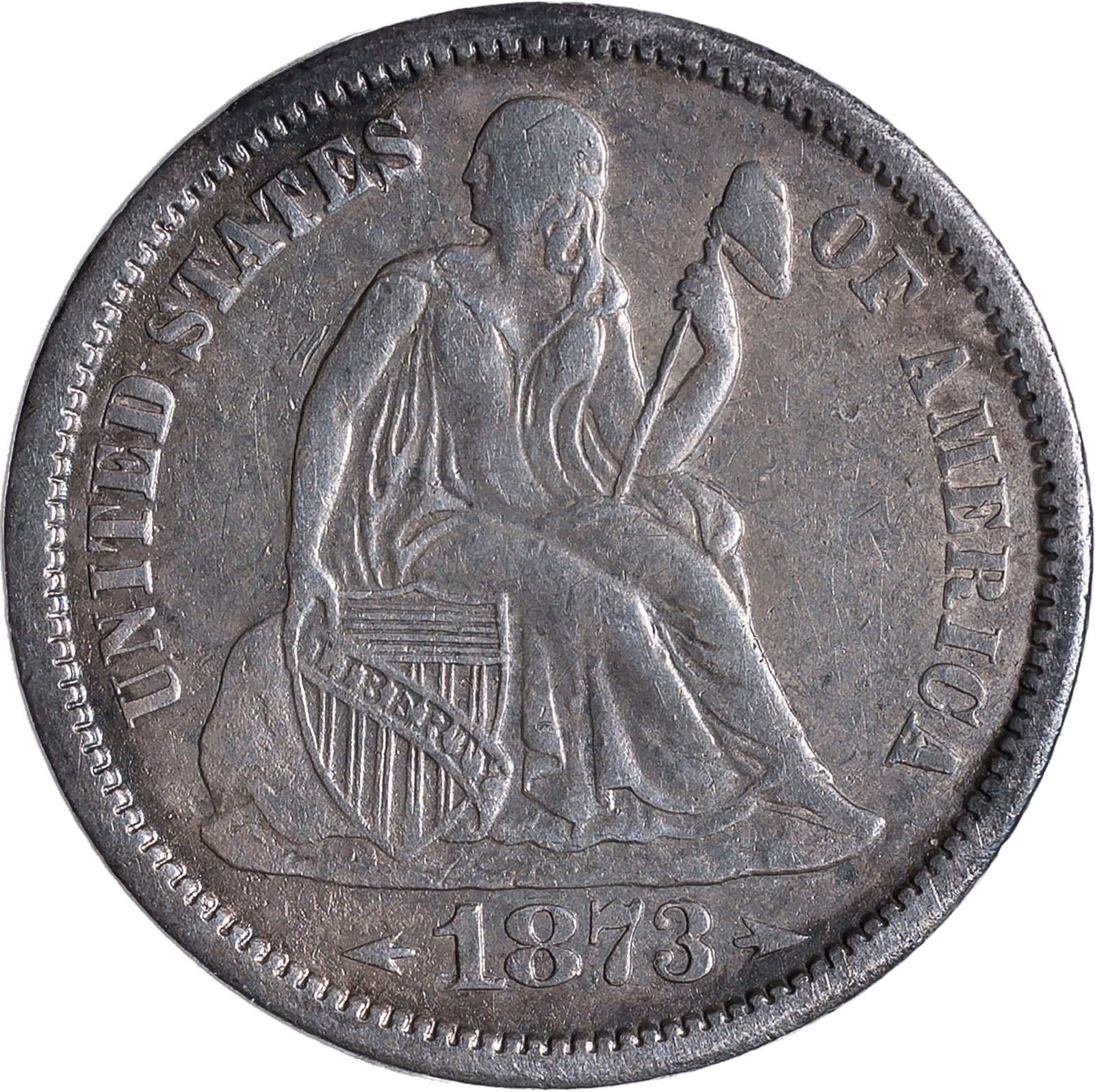 EF-45 Details 1873-S Arrows Dime: Cleaned at some point, but not in a distracting manner. Medium silver-gray throughout.