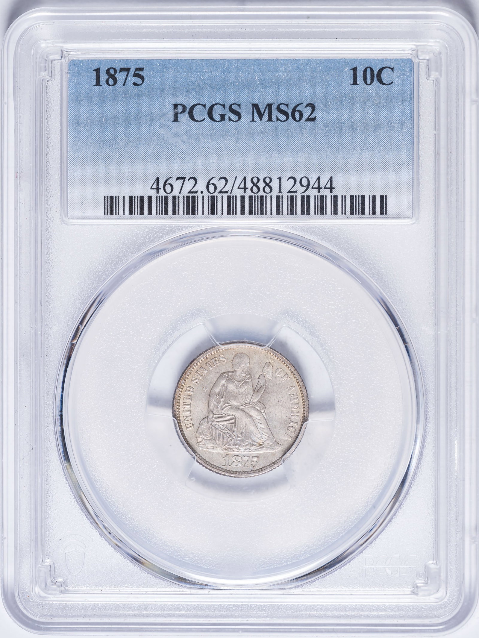 PCGS MS-62 1875 Seated Dime: Satiny and lustrous champagne-gold surfaces. Choice for the grade.