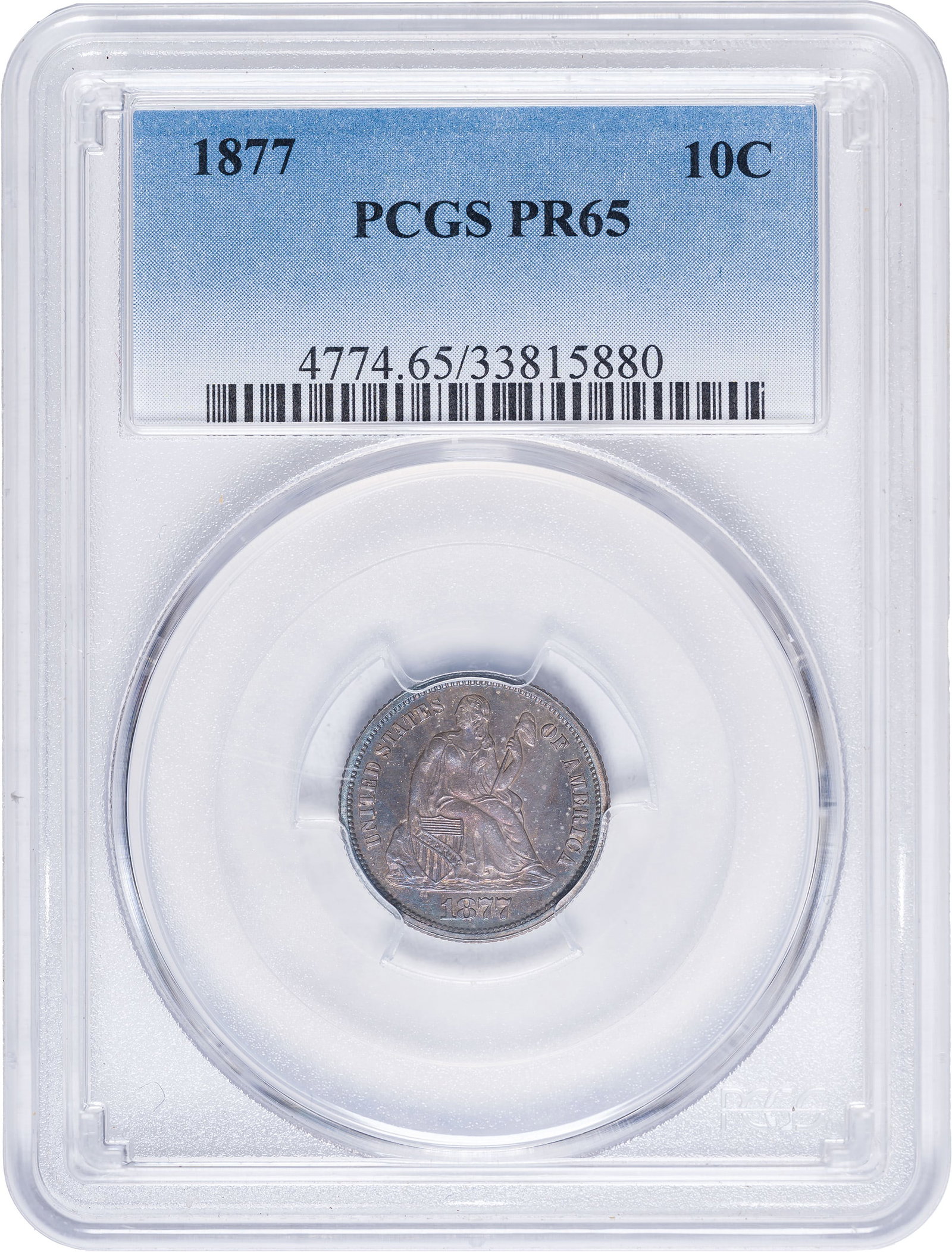 PCGS Proof-65 1877 Liberty Seated Dime: The medium golden-gray surfaces erupt in a fiery display of iridescent blue and gold when turned in a bright light source. One of only 510 Proofs of the date produced, a modest output compared to cert