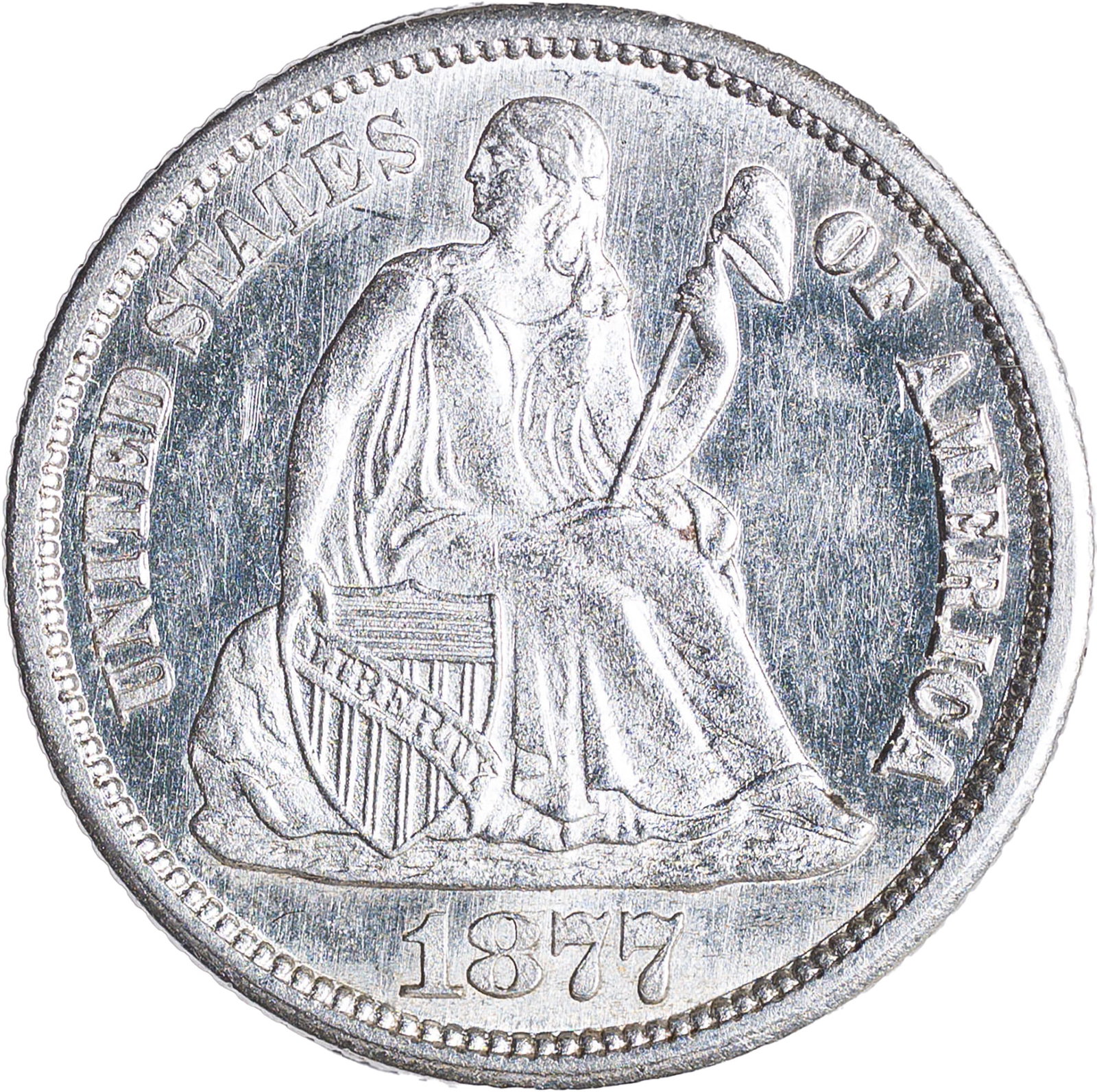 MS-62+ 1877-CC Seated Dime: An amazingly lovely coin, fully brilliant, intensely lustrous, and for all intents and purposes, PL on the obverse and nearly so on the reverse. Choice at every turn!