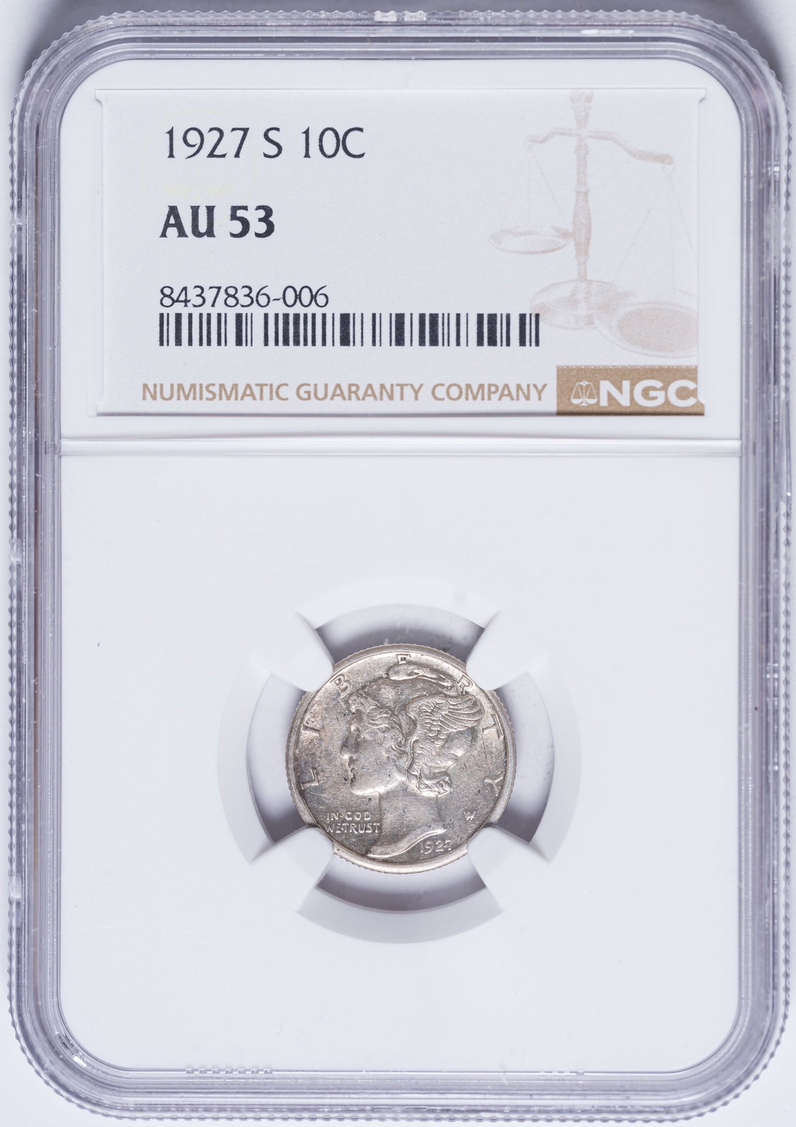 NGC AU-53 1927-S Mercury Dime: Boldly lustrous pale golden surfaces show little trace of its modest stay in pocket change.
