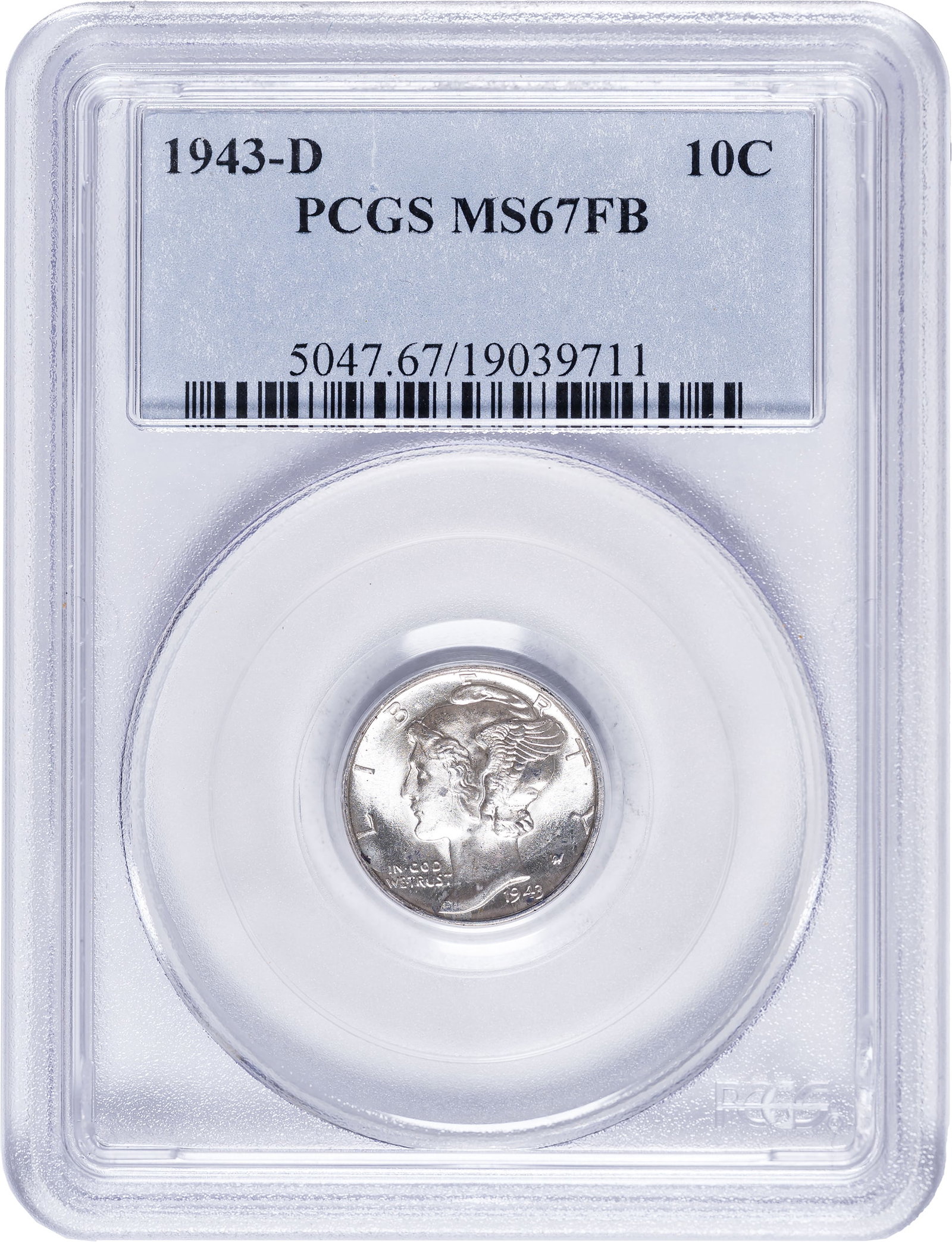 PCGS MS-67 FB 1943-D Mercury Dime: As sharp and lustrous as one could hope, with a splash of pale golden-orange at the center reverse. Gem quality all the way.