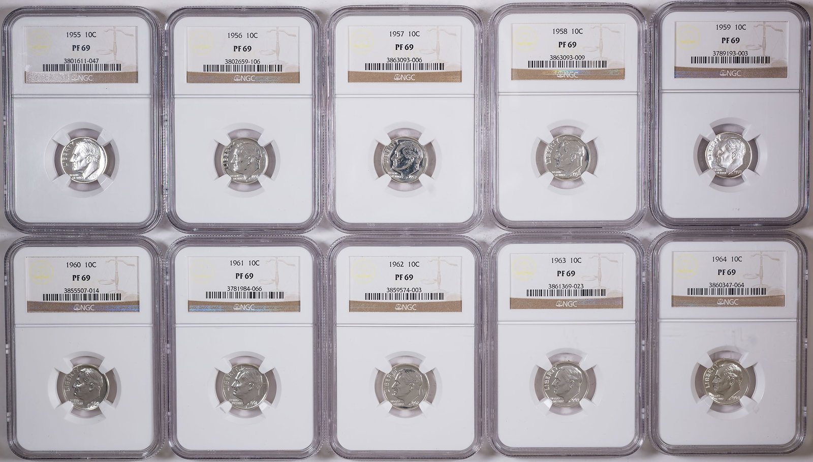 NGC Proof-69 1955-1964 Roosevelt Dime Date Run: All dates, 1955 through 1964 inclusive. All bright and reflective. (Total: 10 pieces)
