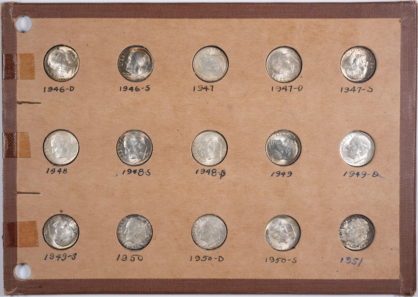Choice to Gem Roosevelt Dime Set: In Wayte Raymond coin boards. All dates and mints, 1946 through 1964, plus clad 1965, 1966, 1967, and 1968 pieces. Mostly brilliant, some with vibrant toning.