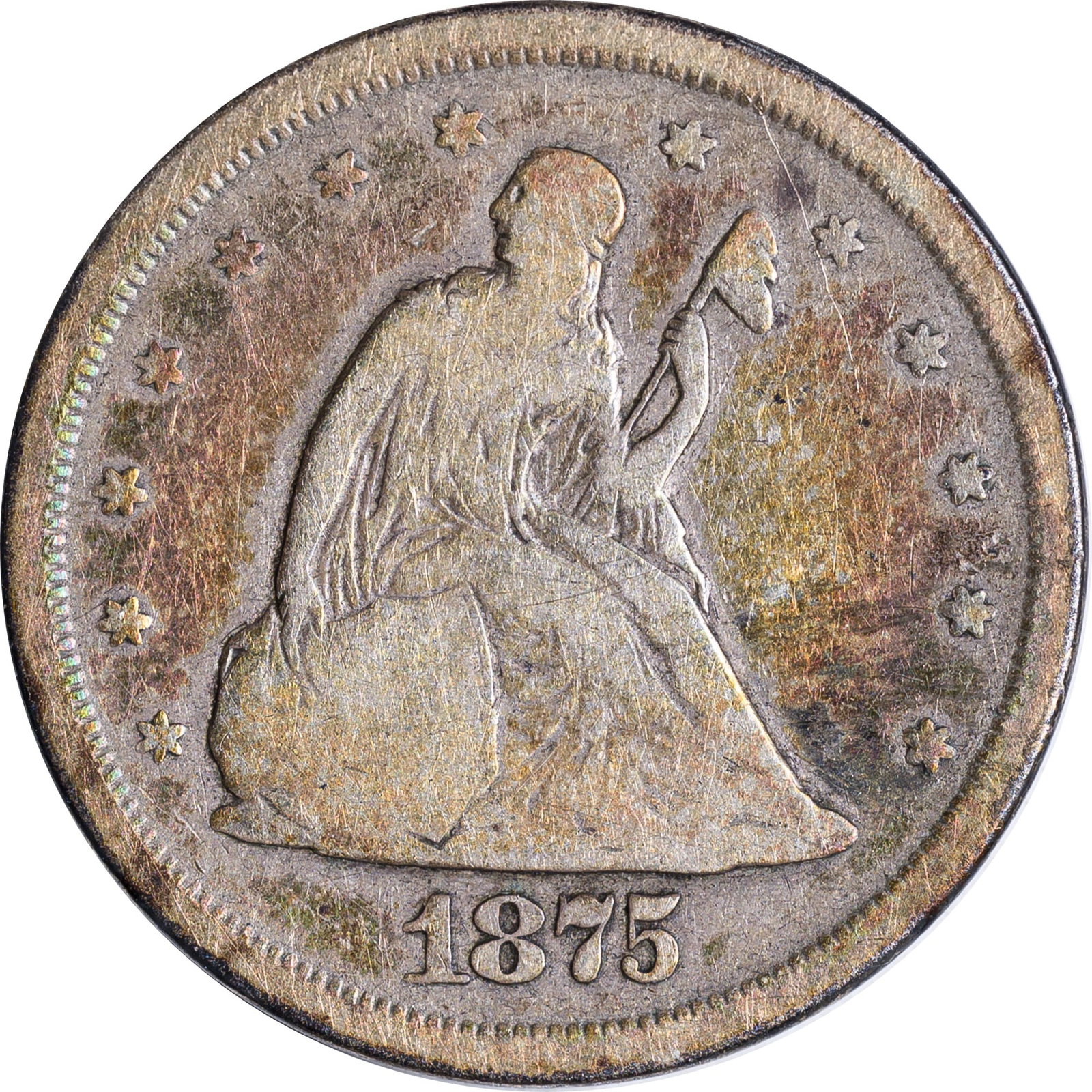 Colorful VG-8 1875-S Twenty-Cents: Evenly worn and not notably marked. Vibrant rainbow highlights on the obverse suggest long-time storage in an old coin board.