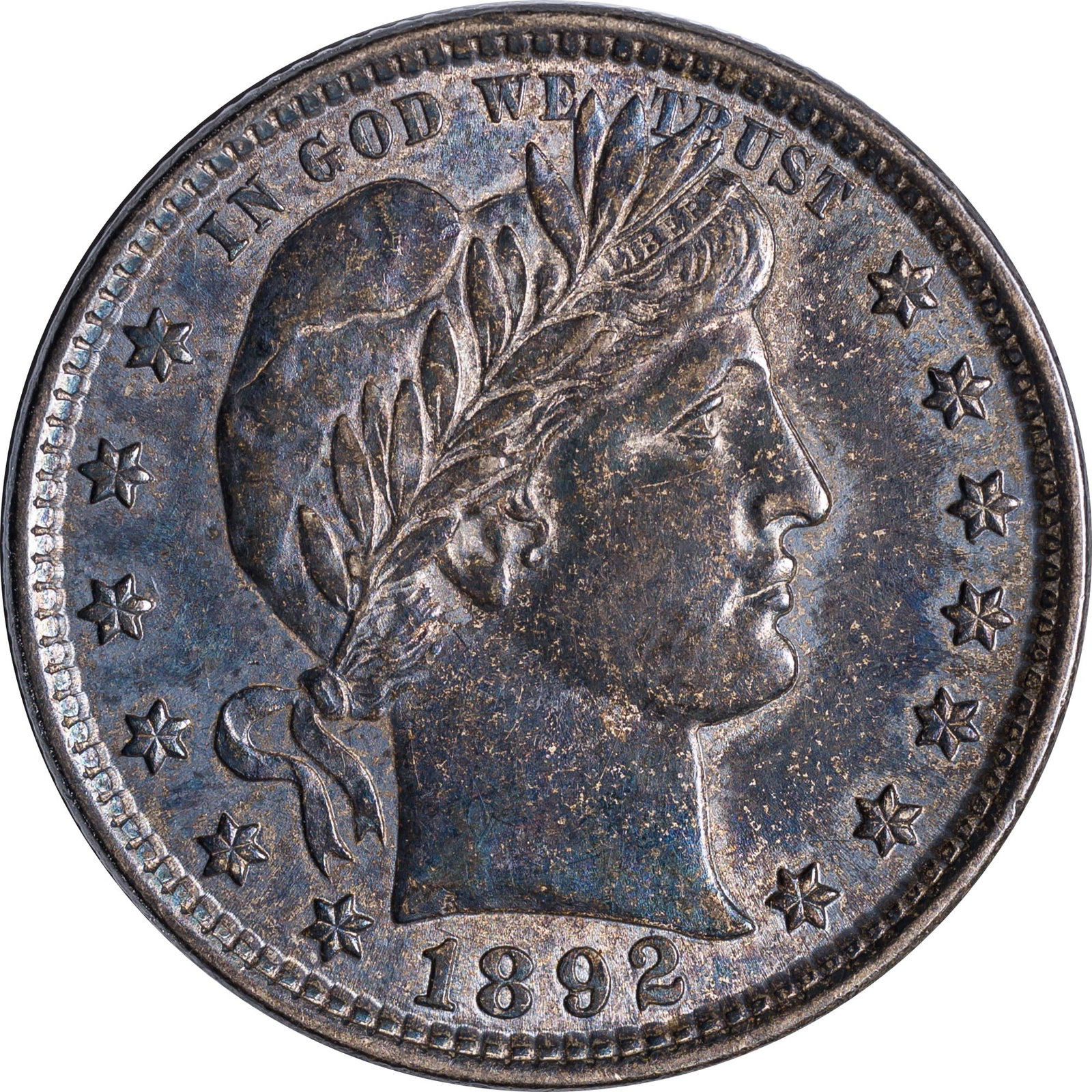 AU-58 1892 Barber Quarter: Type I reverse, three serifs on E in UNITED. On the order of 20 to 30 times rarer than its Type II counterpart, based on the writer's study of the date over several years! Strictly original steel-gray