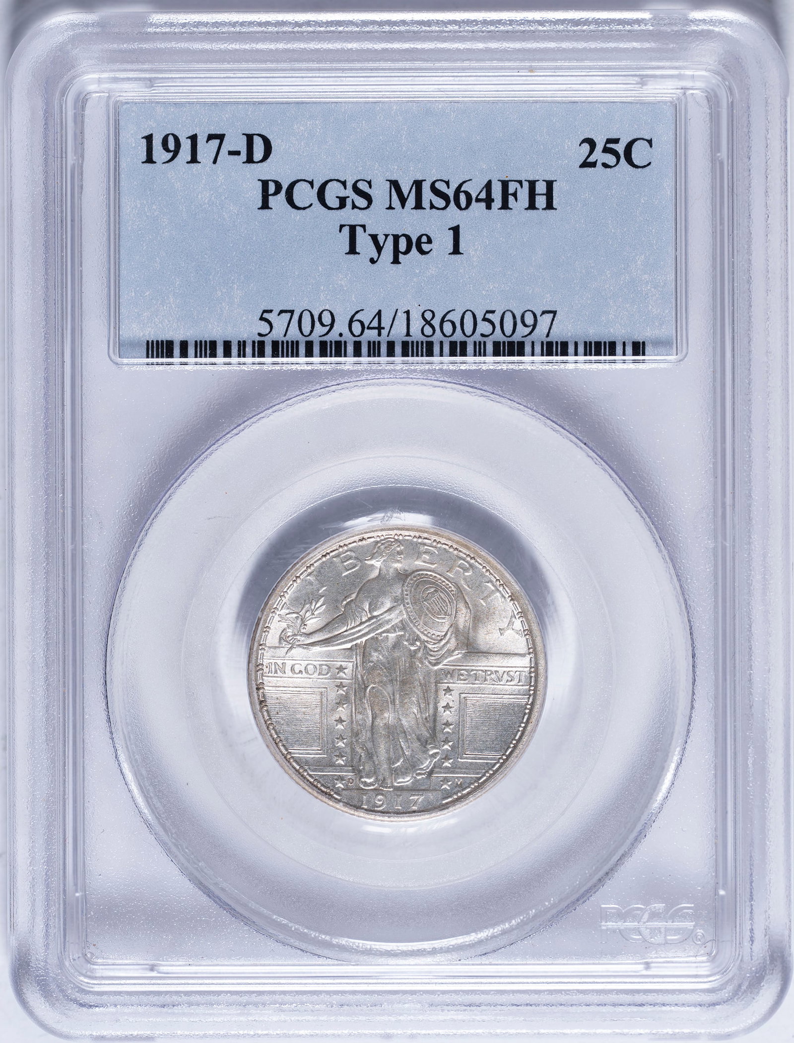 PCGS MS-64 FH 1917-D Type I Quarter: A bright and satiny near-Gem with a bold strike and exceptional cartwheel activity. A whisper of pale champagne iridescence completes the enchanting picture.