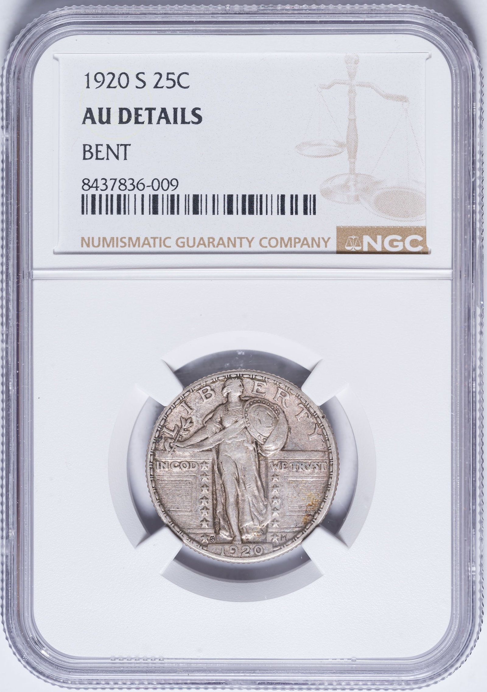 NGC AU Details 1920-S Standing Liberty Quarter: Medium silver-gray with some deeper highlights, and with some mint frost in the well protected areas. Bent planchet not readily visible in the holder.