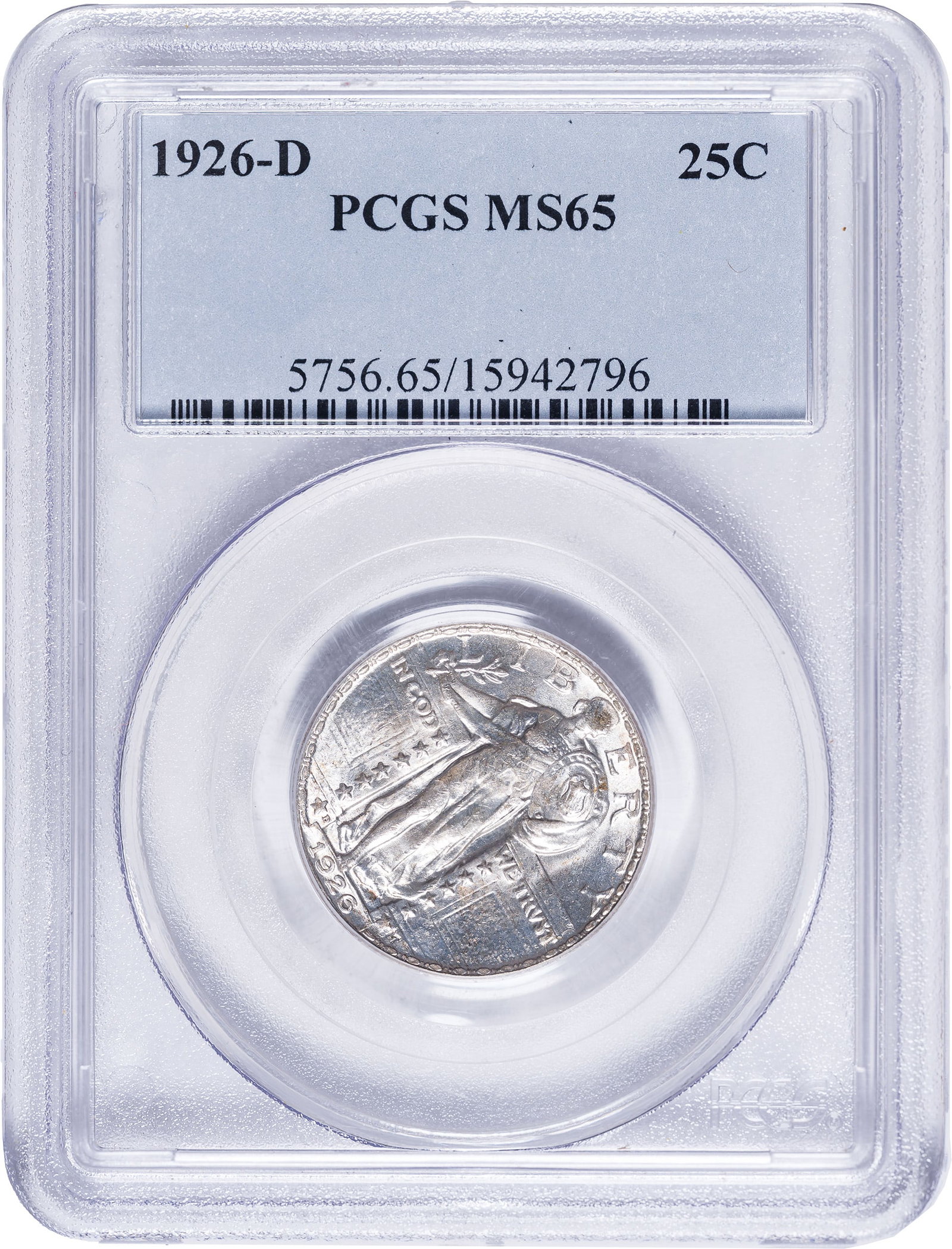 PCGS MS-65 1926-D Standing Liberty Quarter: Intensely lustrous and fully brilliant, with exceptional eye appeal at the given grade.
