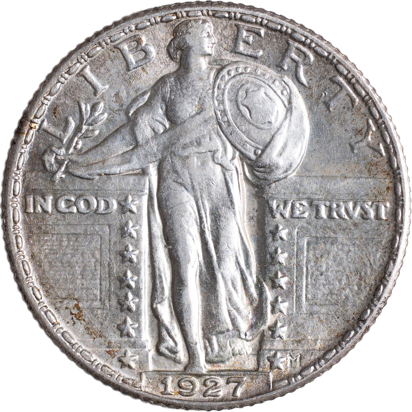 Choice AU-58 1927 Standing Liberty Quarter: Bright and lustrous with lively crimson-gold iridescence at the rims. Undeniably choice.