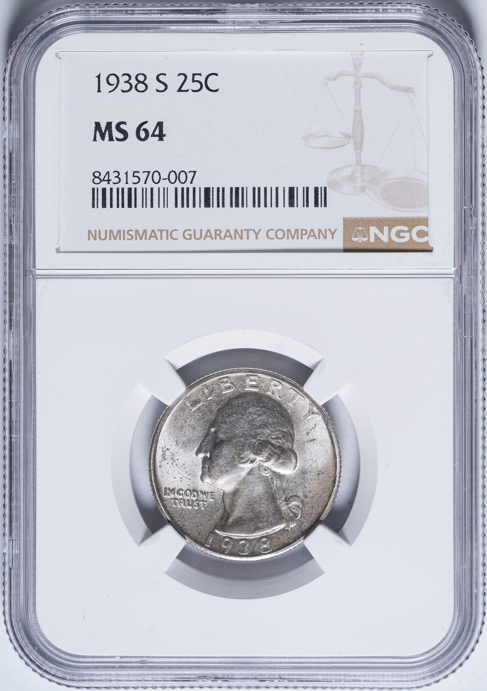 NGC MS-64 1938-S Washington Quarter: Satiny, sharp, and brilliant, with lively cartwheel highlights.