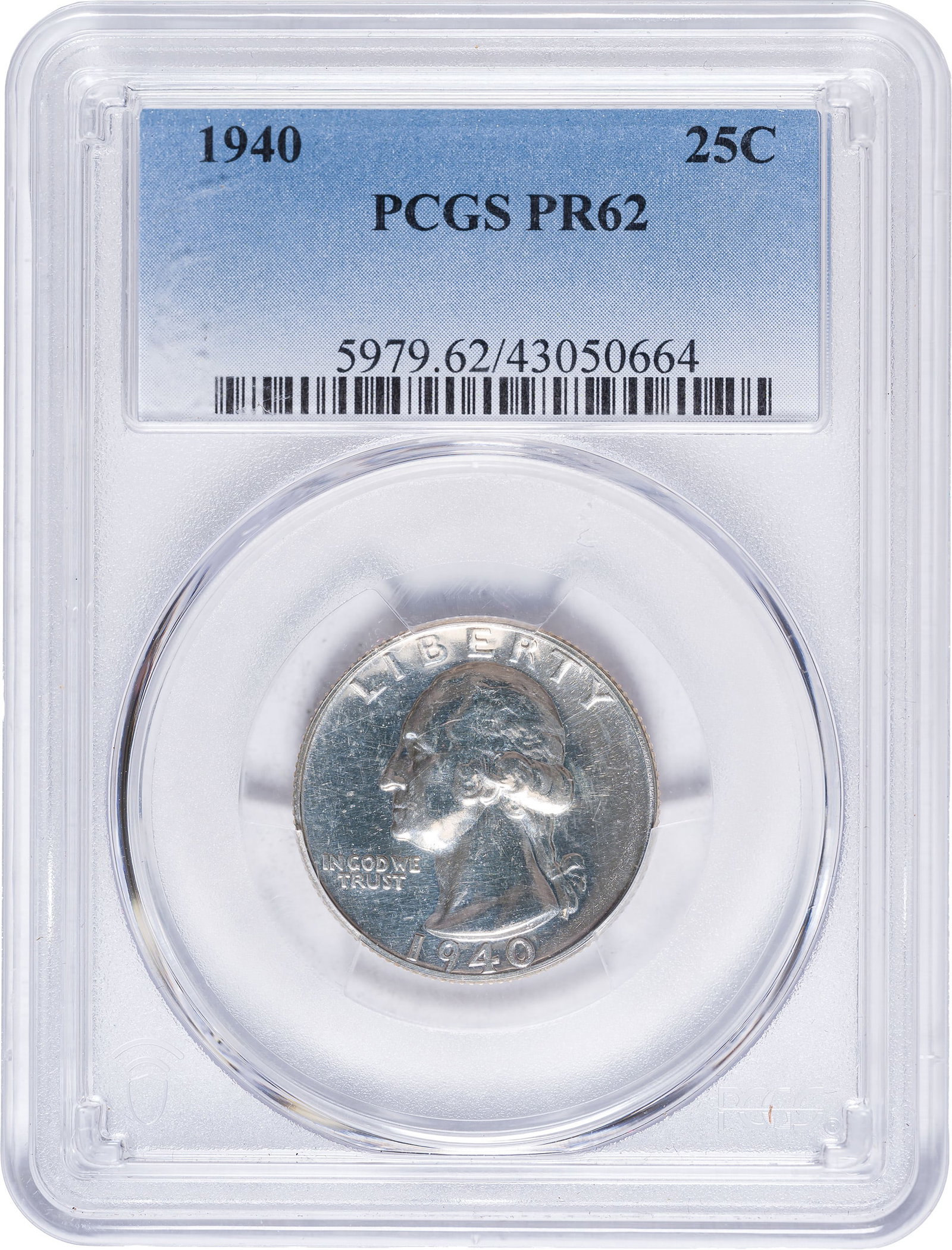 PCGS Proof-62 1940 Washington Quarter: A bright and lustrous pale champagne-gold specimen.