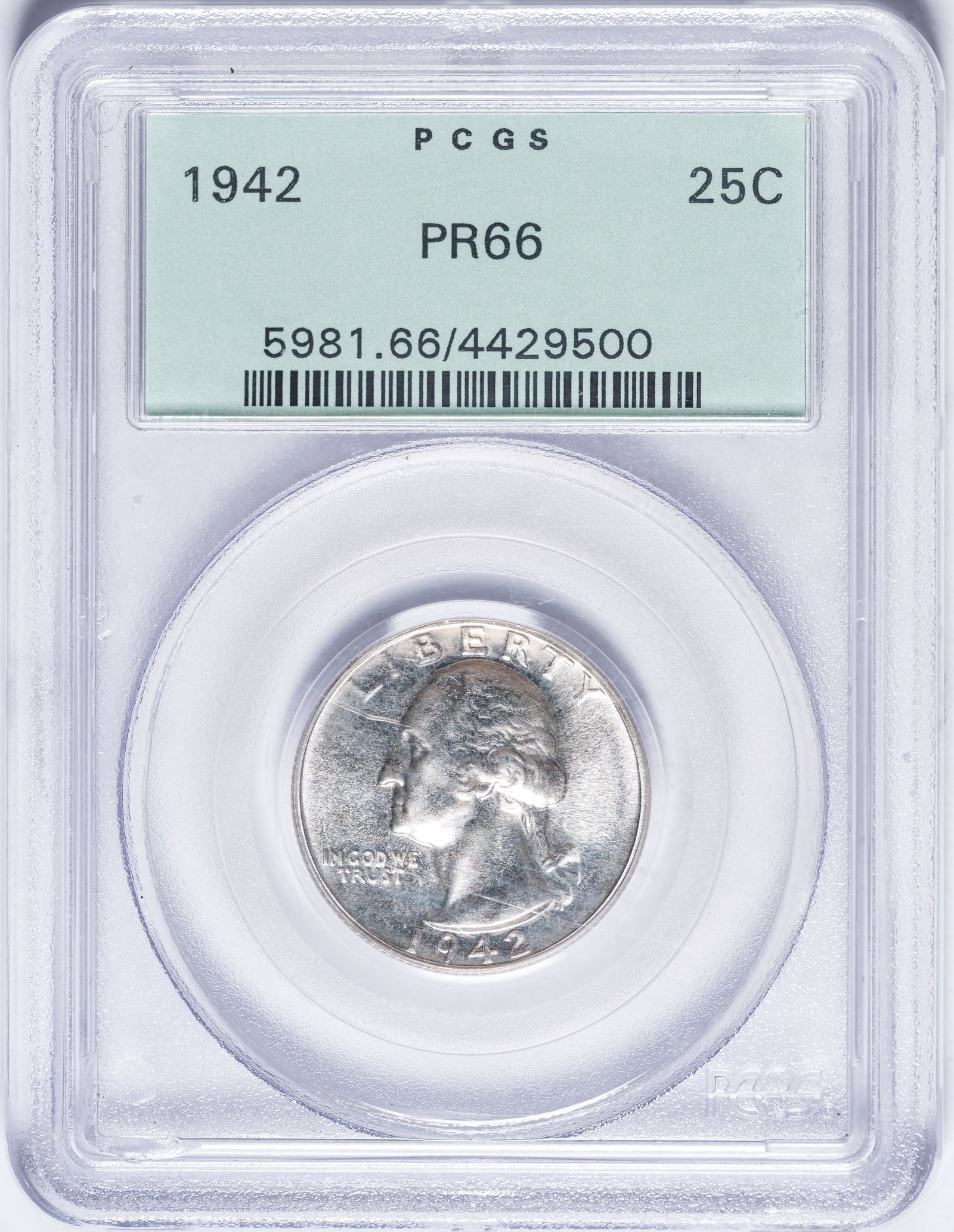 PCGS Proof-66 1942 Washington Quarter: Fully brilliant and reflective with a pale champagne-gold glow. The final Proof issue until 1950.