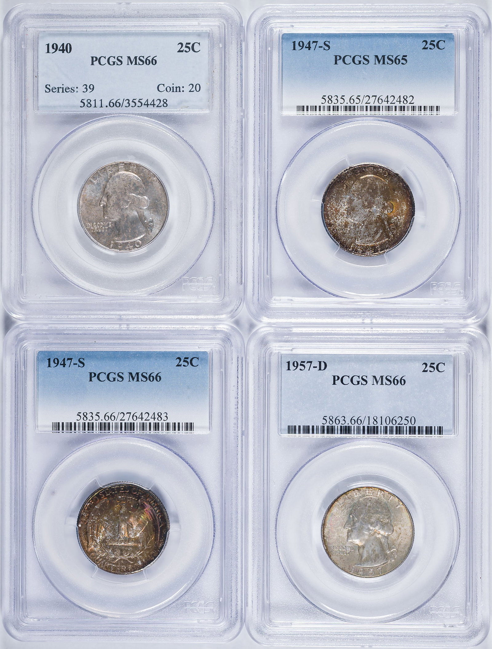 PCGS-Certified Toned Washington Quarter Foursome: All with varying toning highlights. Includes: 1940 MS-66; 1947-S MS-65; 1947-S MS-66; and 1957-D MS-66. (Total: 4 pieces)