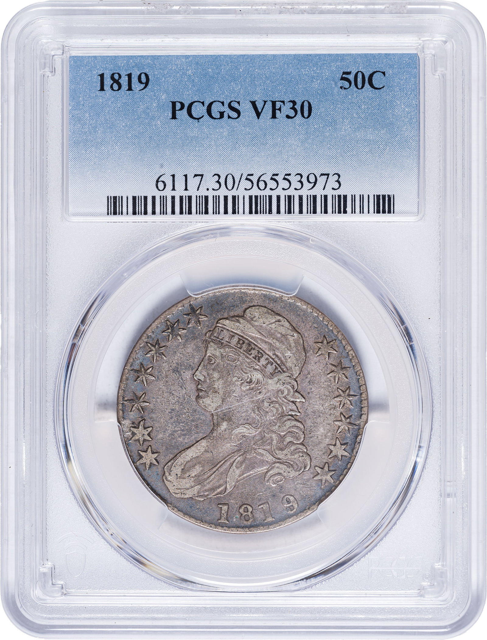 PCGS VF-30 1819 Capped Bust Half Dollar: Pleasing for the grade with olive highlights on silver-gray surfaces.