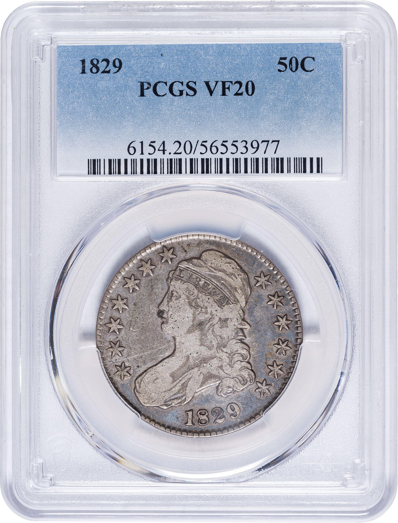 PCGS VF-20 1829 Capped Bust Half Dollar: Olive-gray with lighter high points.