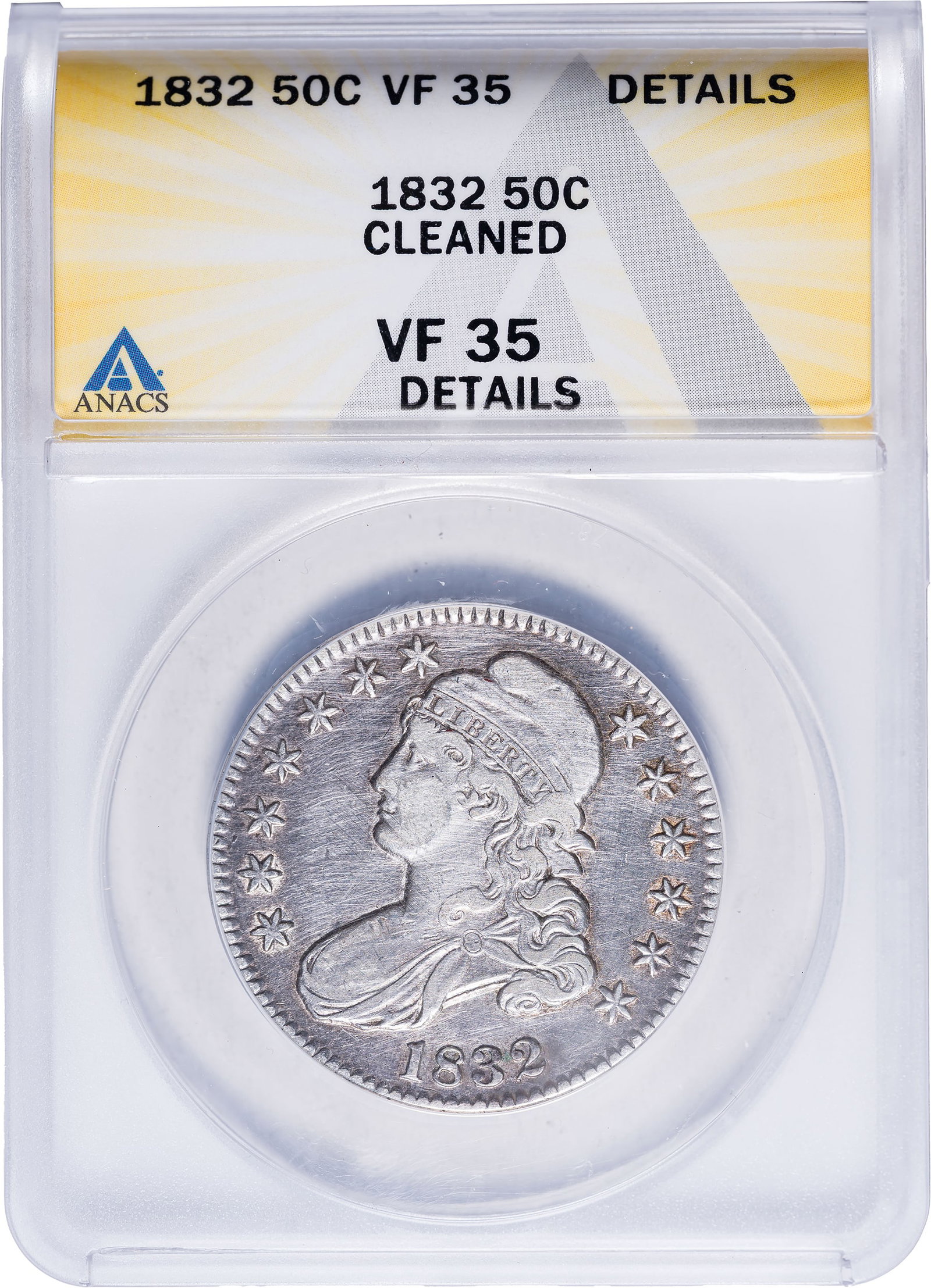 ANACS VF-35 Details1832 Half Dollar: Cleaned. Fussed with at some point, but to no great distraction.