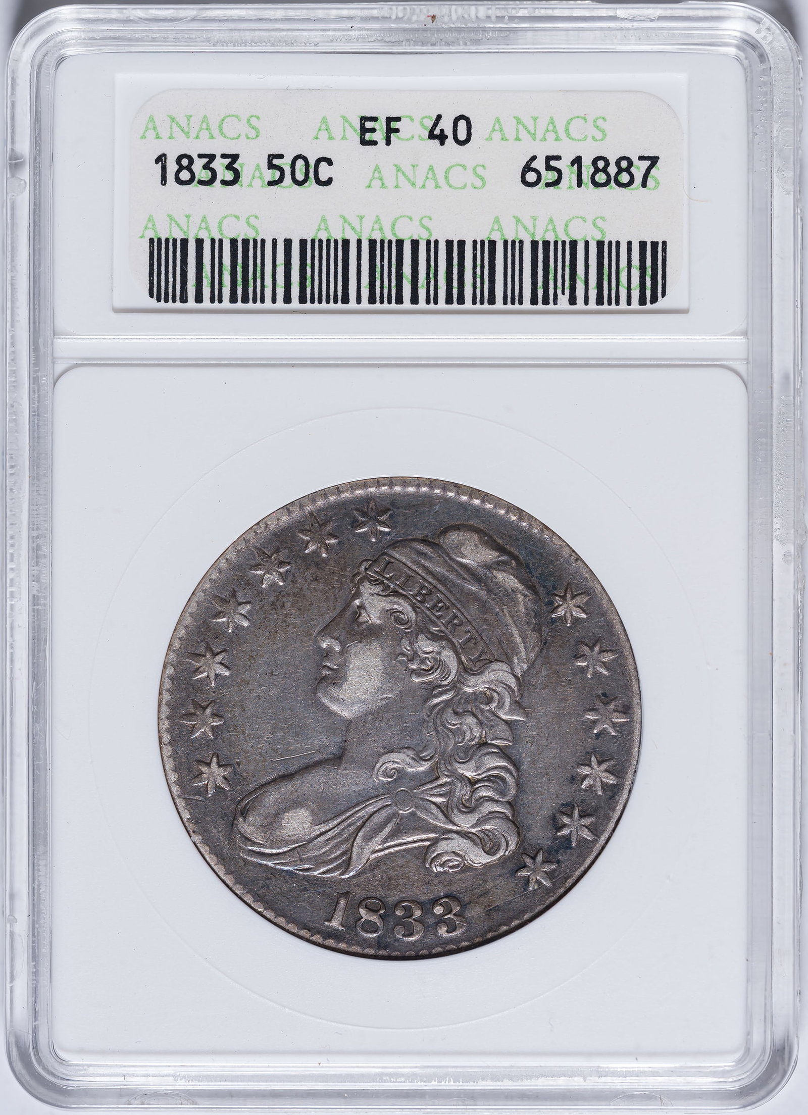 ANACS EF-40 1833 Half Dollar: Steel-gray with lighter high points. Mark-free. In an old-style ANACS "Soapdish" holder.