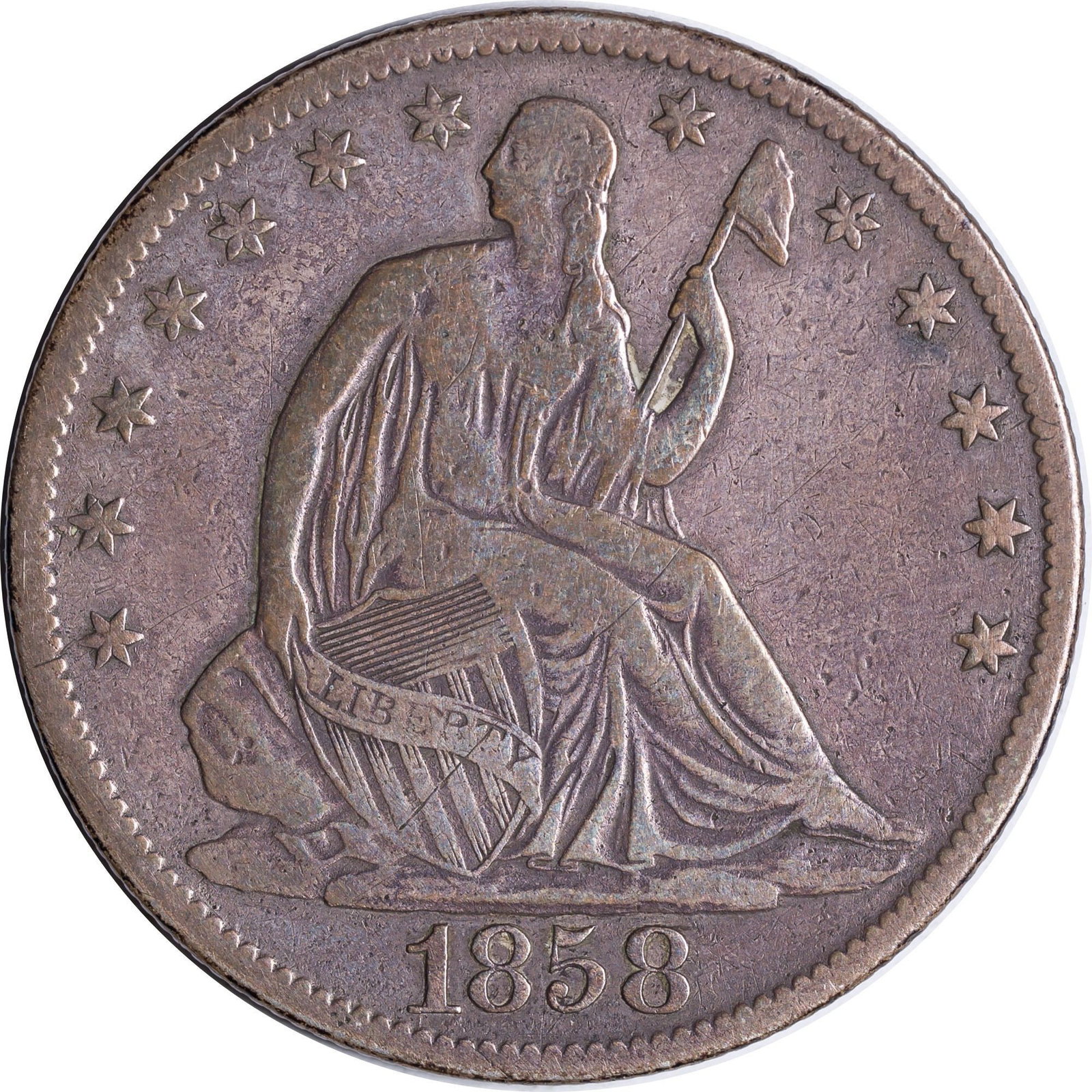 Fine to VF 1858-O Half Dollar: Cleaned long ago, now with rose-gold highlights throughout. No marks worthy of mentioning.