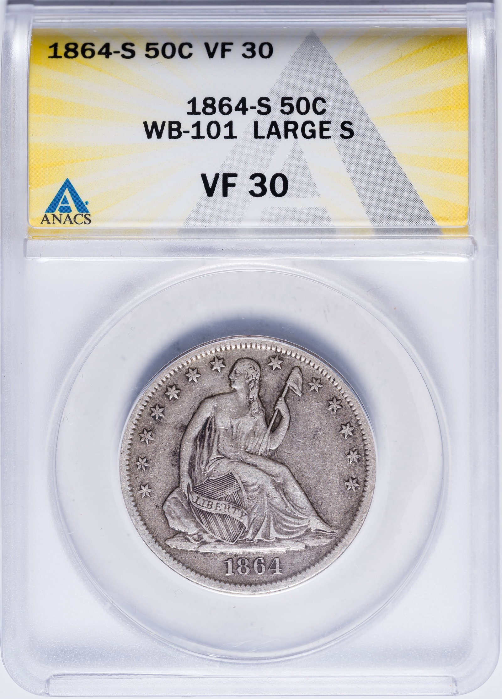ANACS VF-30 1864-S Half Dollar: WB-101, Large S mintmark. Deep silver-gray with some deeper toning in the protected areas. Large S mintmark practically embedded in stem of olive branch.