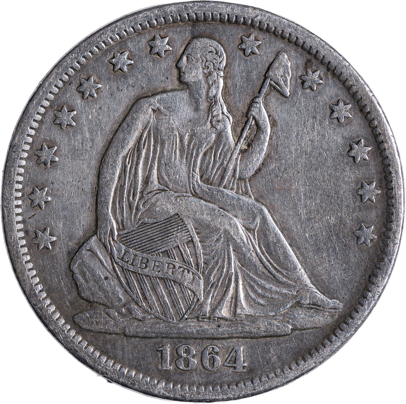 EF-40 Details 1864-S Half Dollar: WB-102, Small Wide S. Medium silver-gray with some deeper tones in the protected areas. Cleaned so far in the past as to be almost meaningless today.