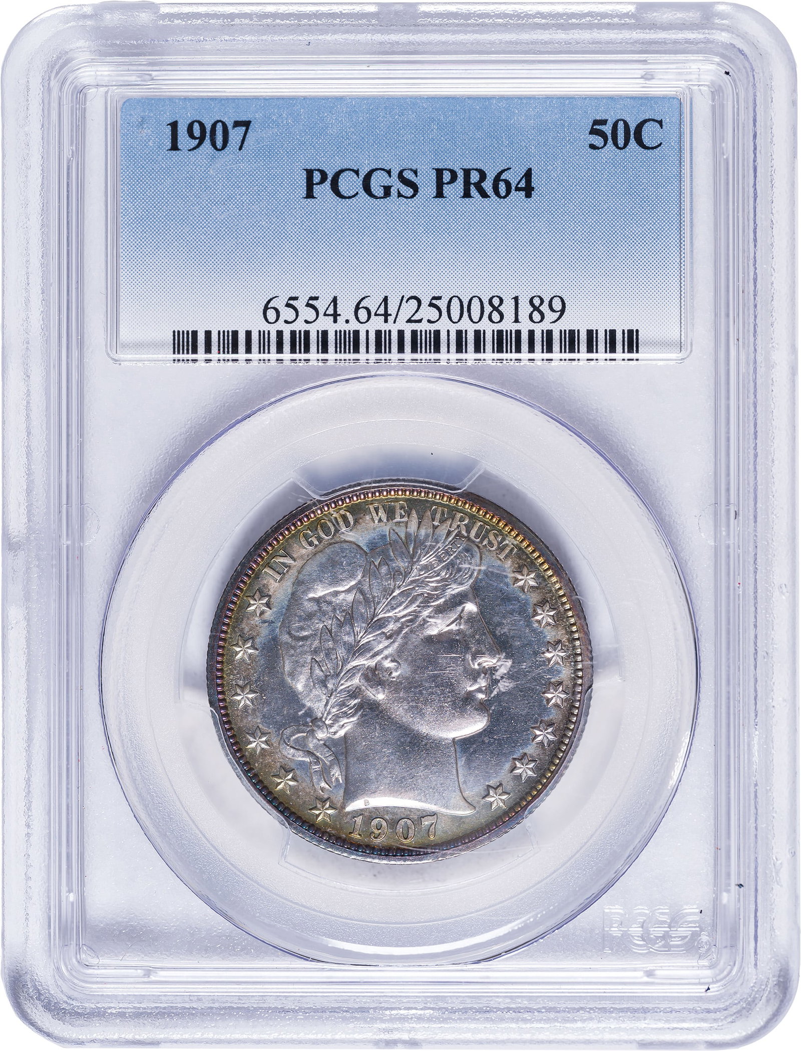 PCGS Proof-64 1907 Barber Half Dollar: A lovely Proof with lustrous and reflective surfaces. The devices are lightly frosted, and the deep silver centers are engaged with fiery golden-orange iridescence at the rims.