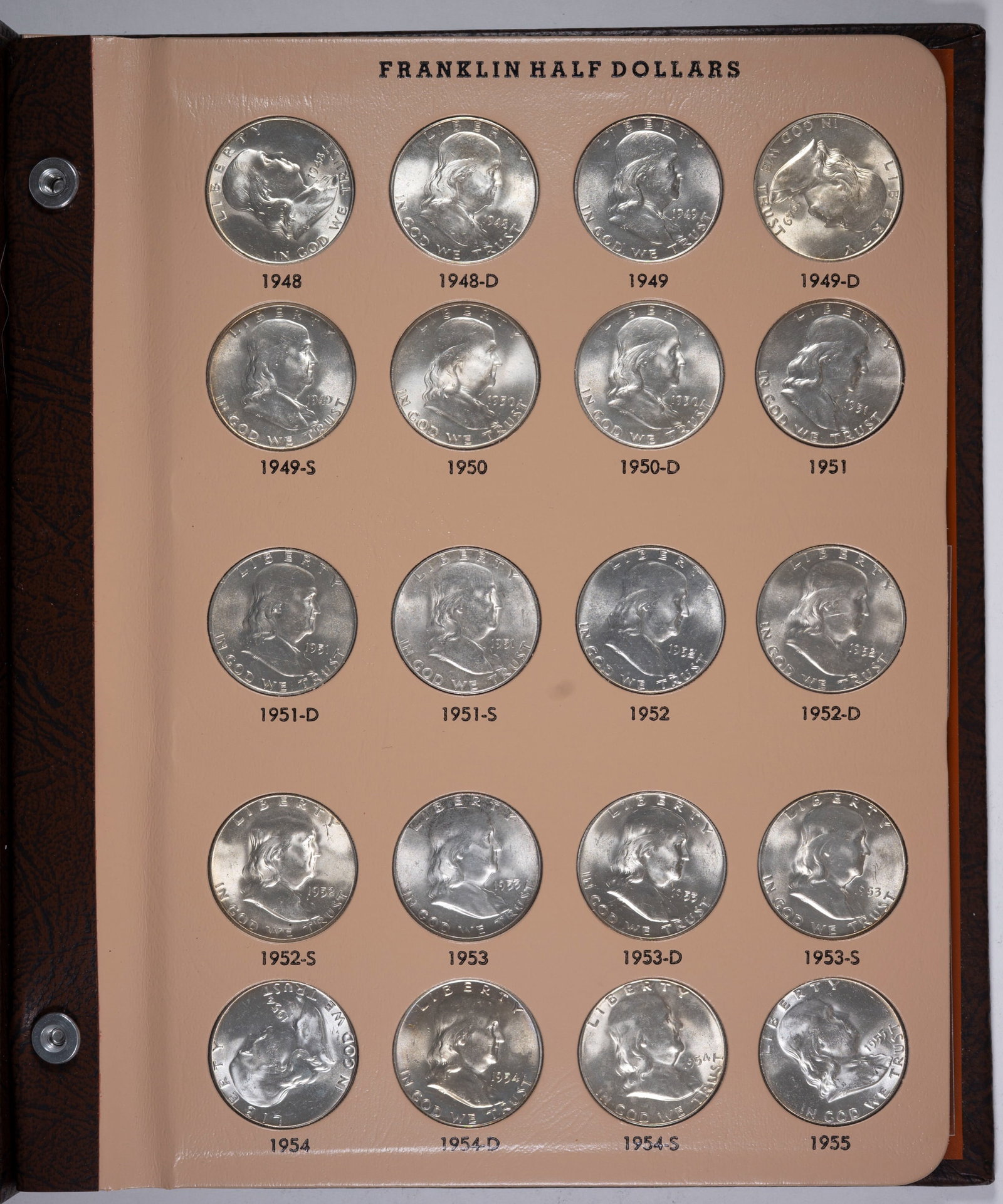Mostly BU Complete Franklin Half Dollar Set: A brilliant set with 3 or 4 not quite making UNC. The 1950 and 1951-S Being the most noteworthy of those. Housed in a Dansco album.