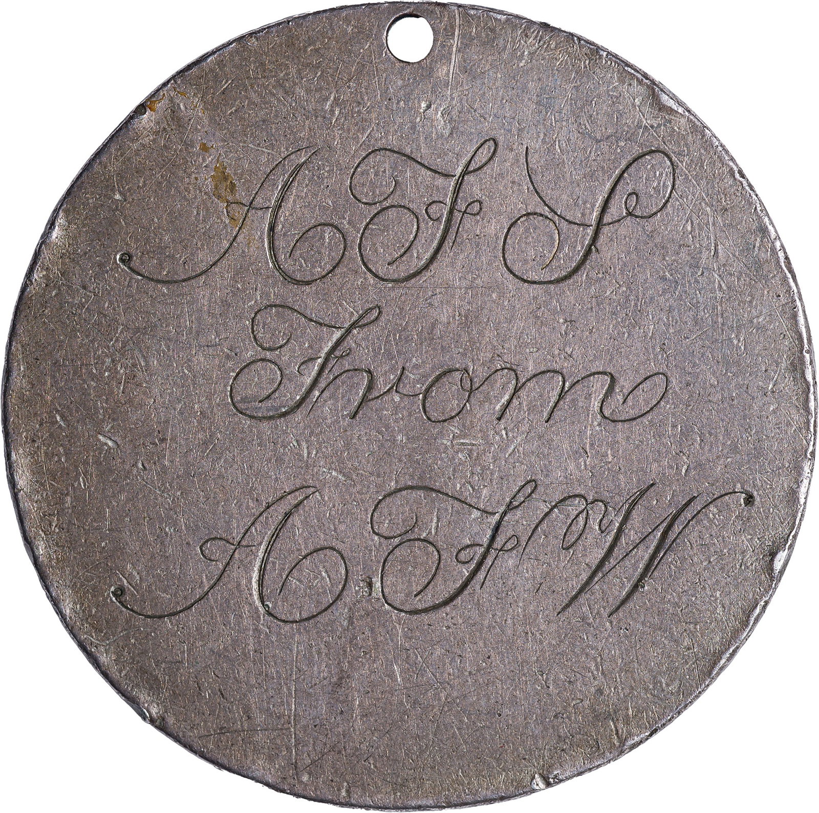 Bust Dollar Love Token: Fine to VF, holed for suspension. Obverse planed, then inscribed AFS / FROM / AFW in fancy Spencerian script. Heraldic Eagle reverse. A seldom-seen host type. Neat!