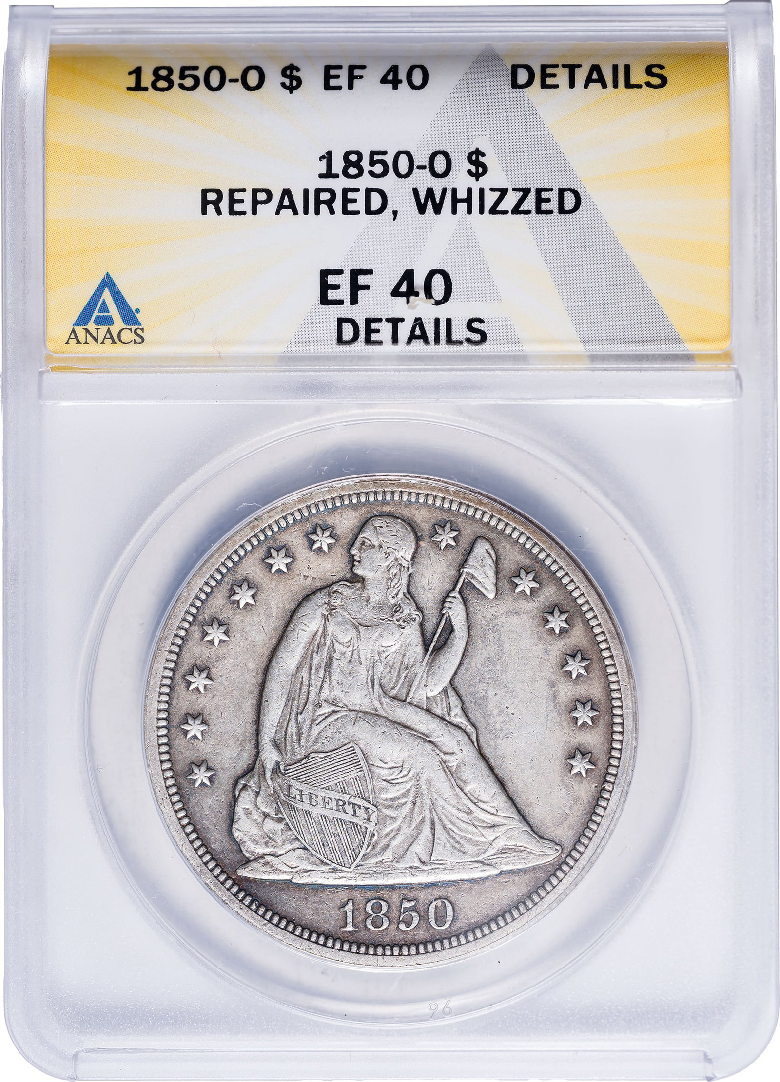 ANACS EF-40 Details 1850-O Seated Dollar: Repaired, Whizzed. Now naturally retoned to a pleasing silver-gray hue. Far finer in hand than the qualifiers suggest.