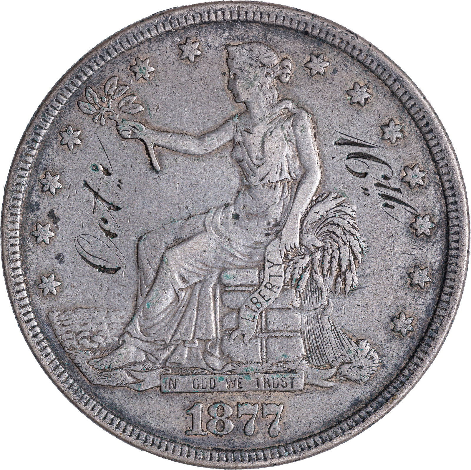 Love Token. EF 1877 Trade Dollar Host: Soft golden-gray throughout. Liberty on obverse flanked by "Octr" in front of figure, "16th" behind, EHA in fancy entwined letters on the reverse. A rare host type.