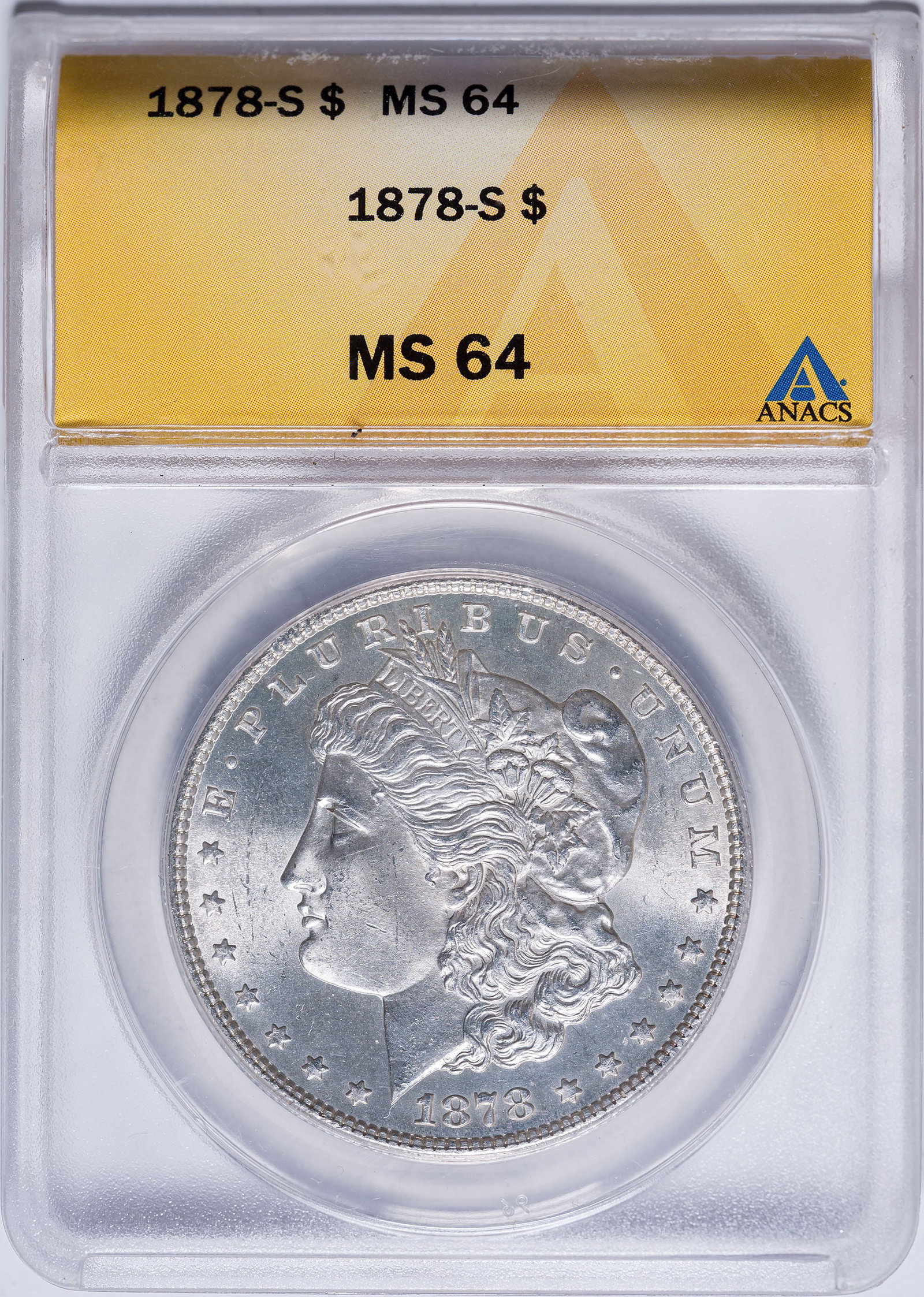 ANACS MS-64 1878-S Morgan Dollar: An exceptional coin for the grade, frosty and lustrous, with the eye appeal of a finer grade throughout.