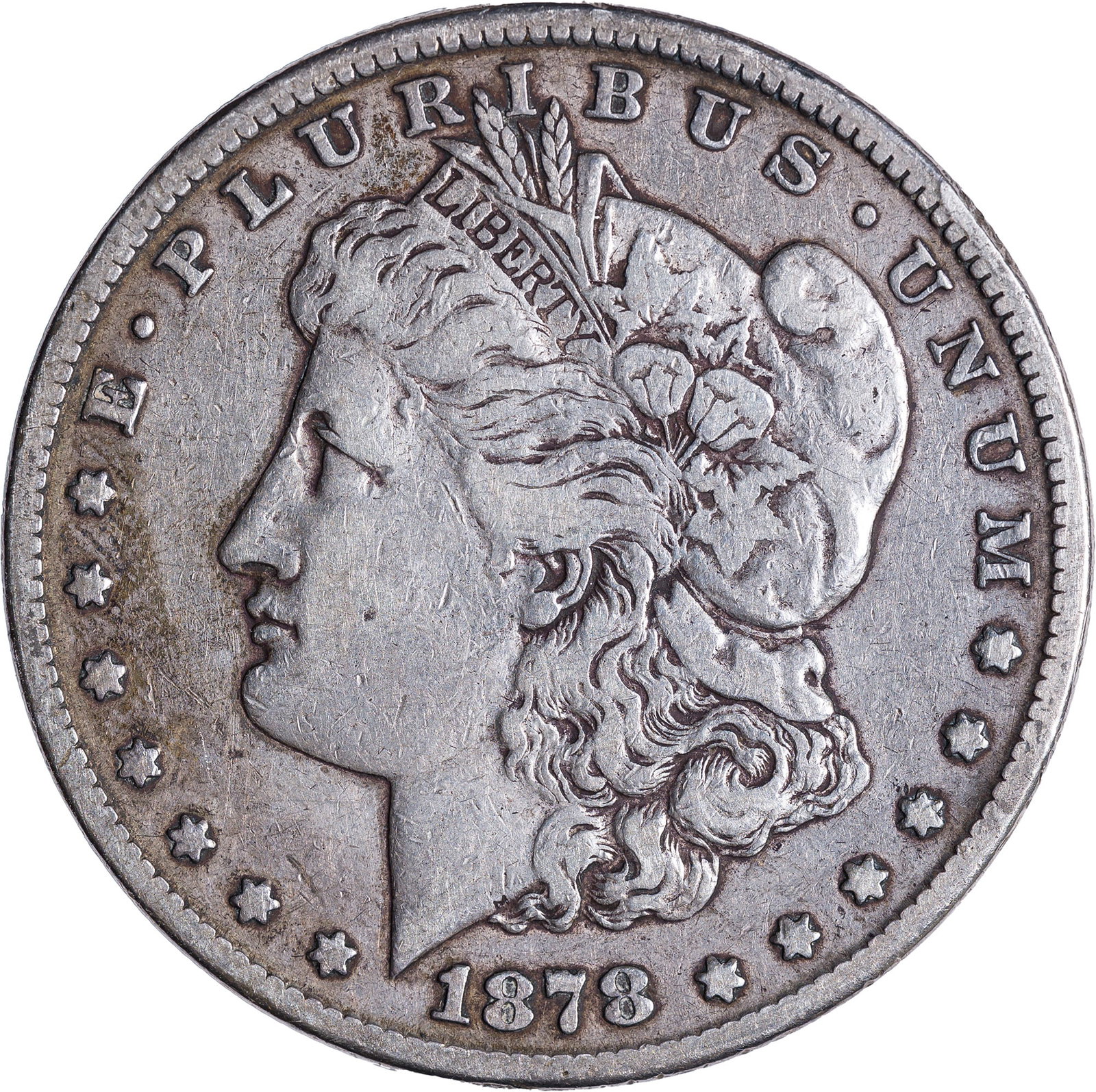 VF-20 Details 1878-CC Morgan Dollar: Steel-gray surfaces. Small reverse rim bruises noted.