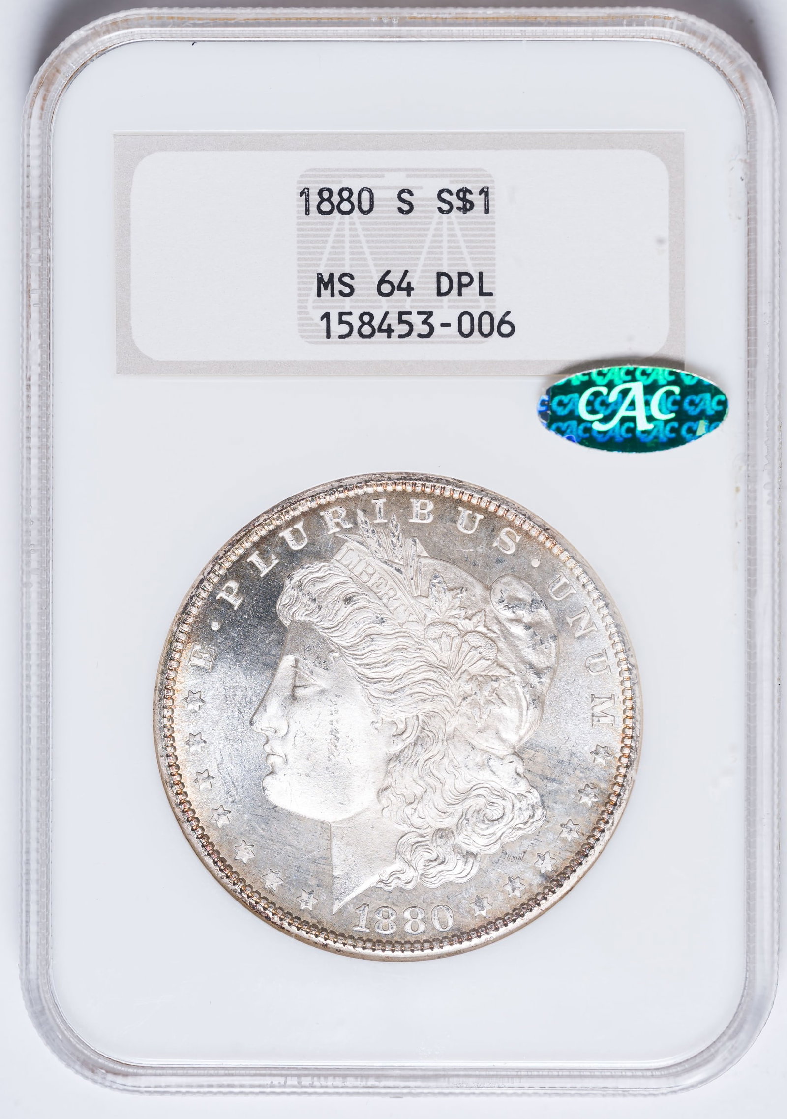 NGC MS-64 DPL CAC 1880-S Morgan Dollar: Intensely brilliant throughout, with frosty motifs and mirrored fields surrounded by a golden halo on both sides. Not far off the MS-65 designation to our eyes.
