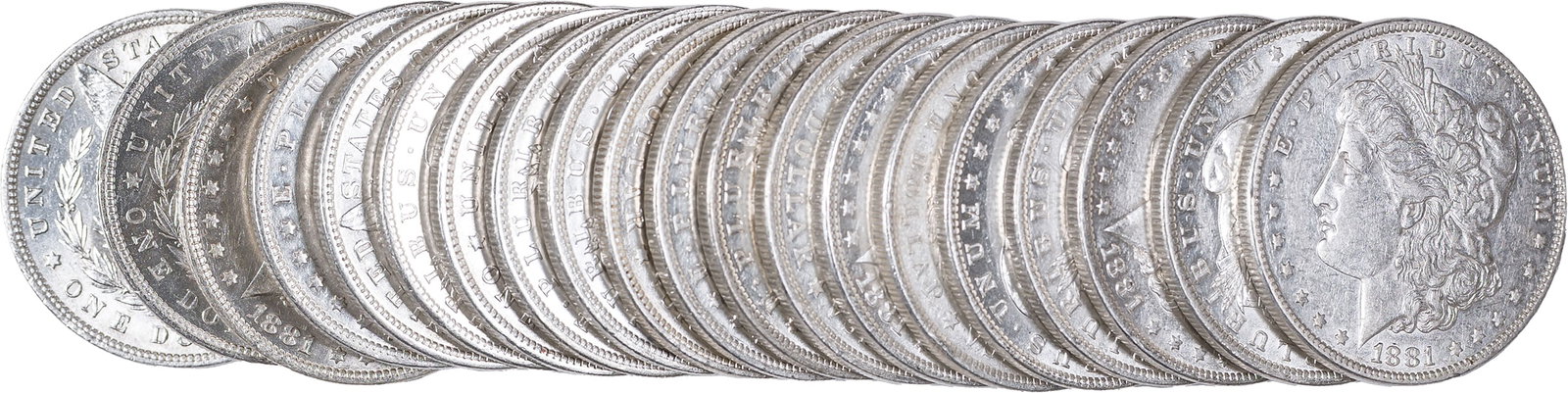 AU Roll 1881-O Morgan Dollars: Mainly bright and attractive sliders, with some finer. (Total: 20 pieces)